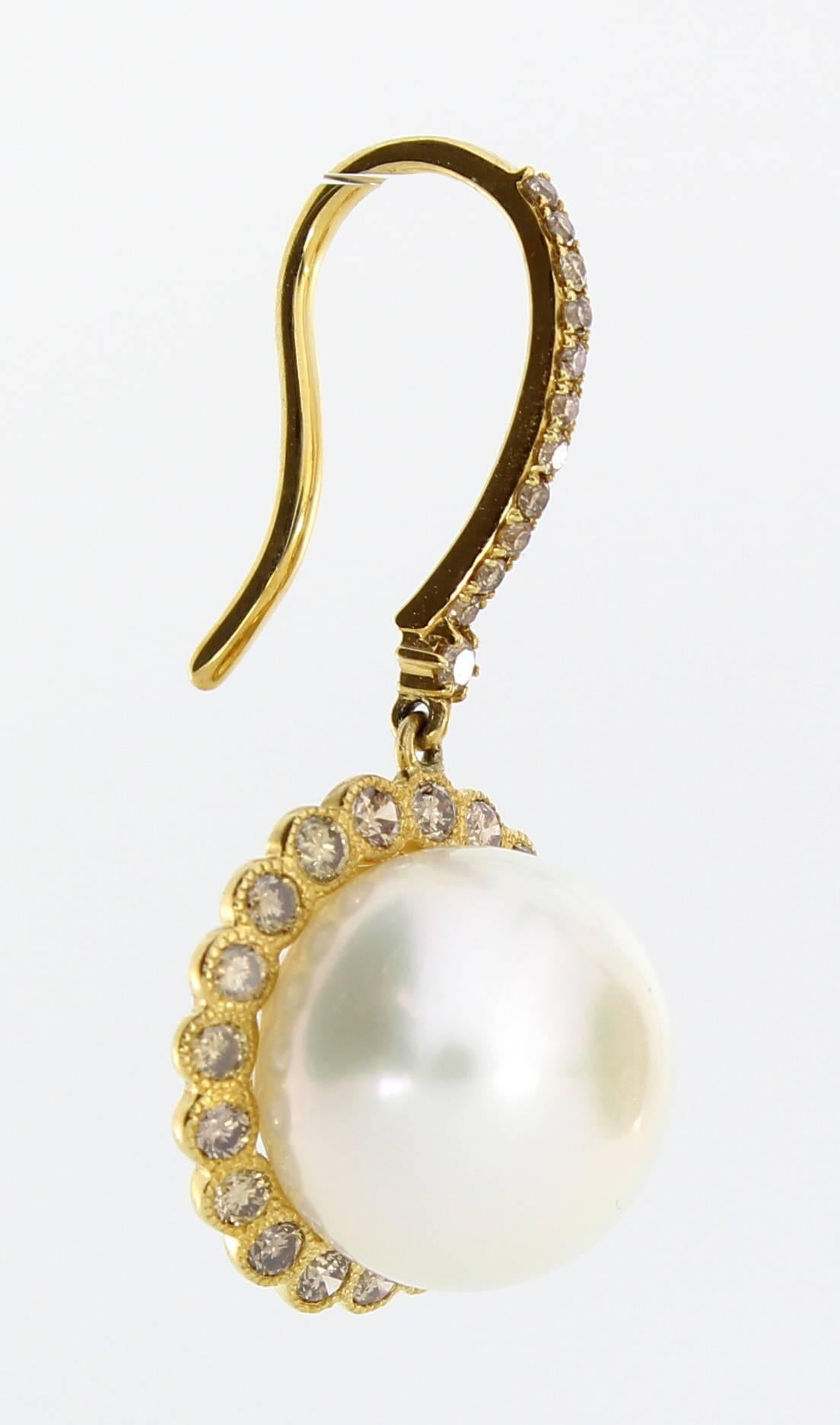 Contemporary Autore Brown Diamonds White South Sea Pearl Earrings