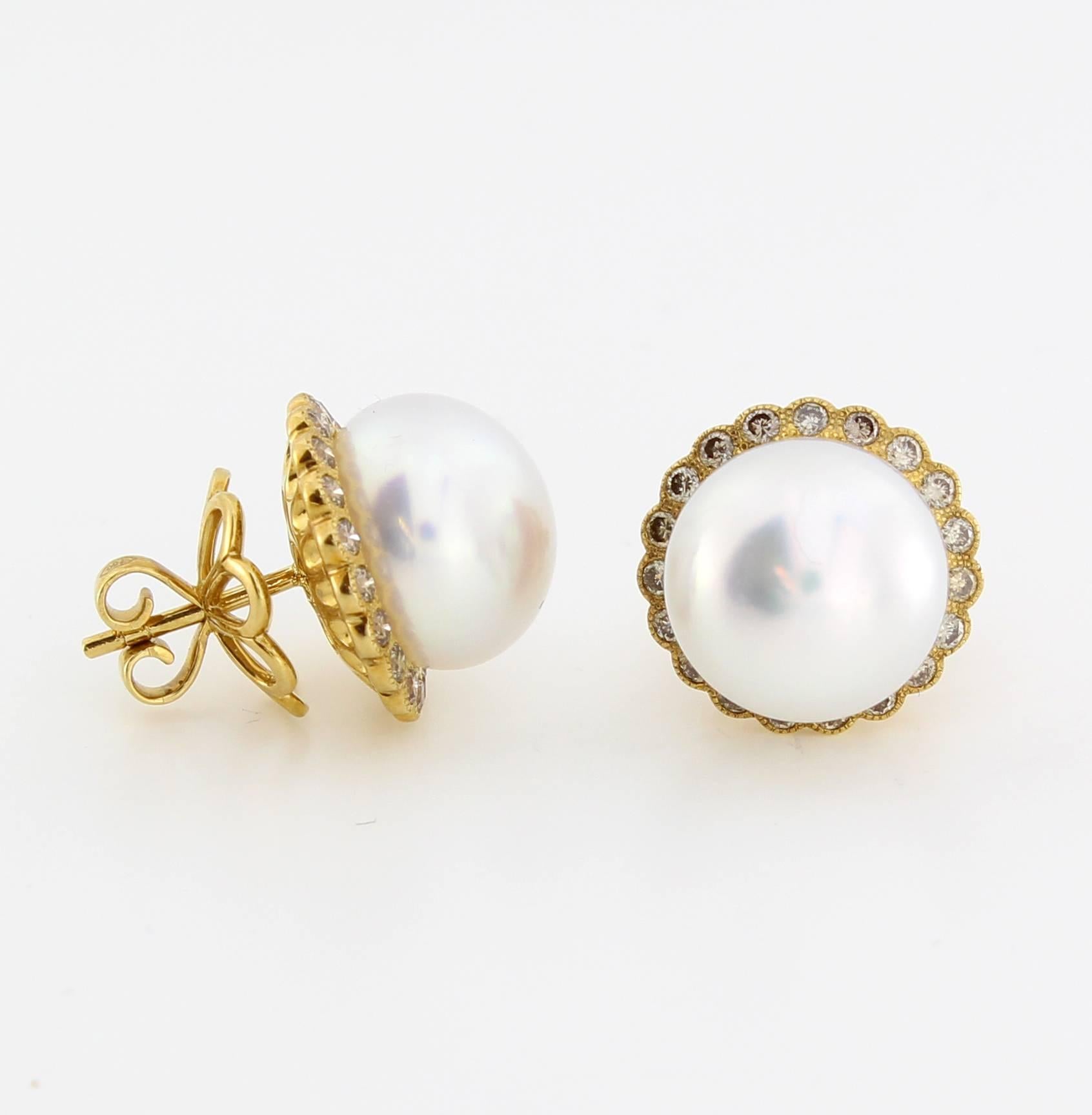 Contemporary Autore Brown Diamonds White South Sea Pearl Earrings For Sale