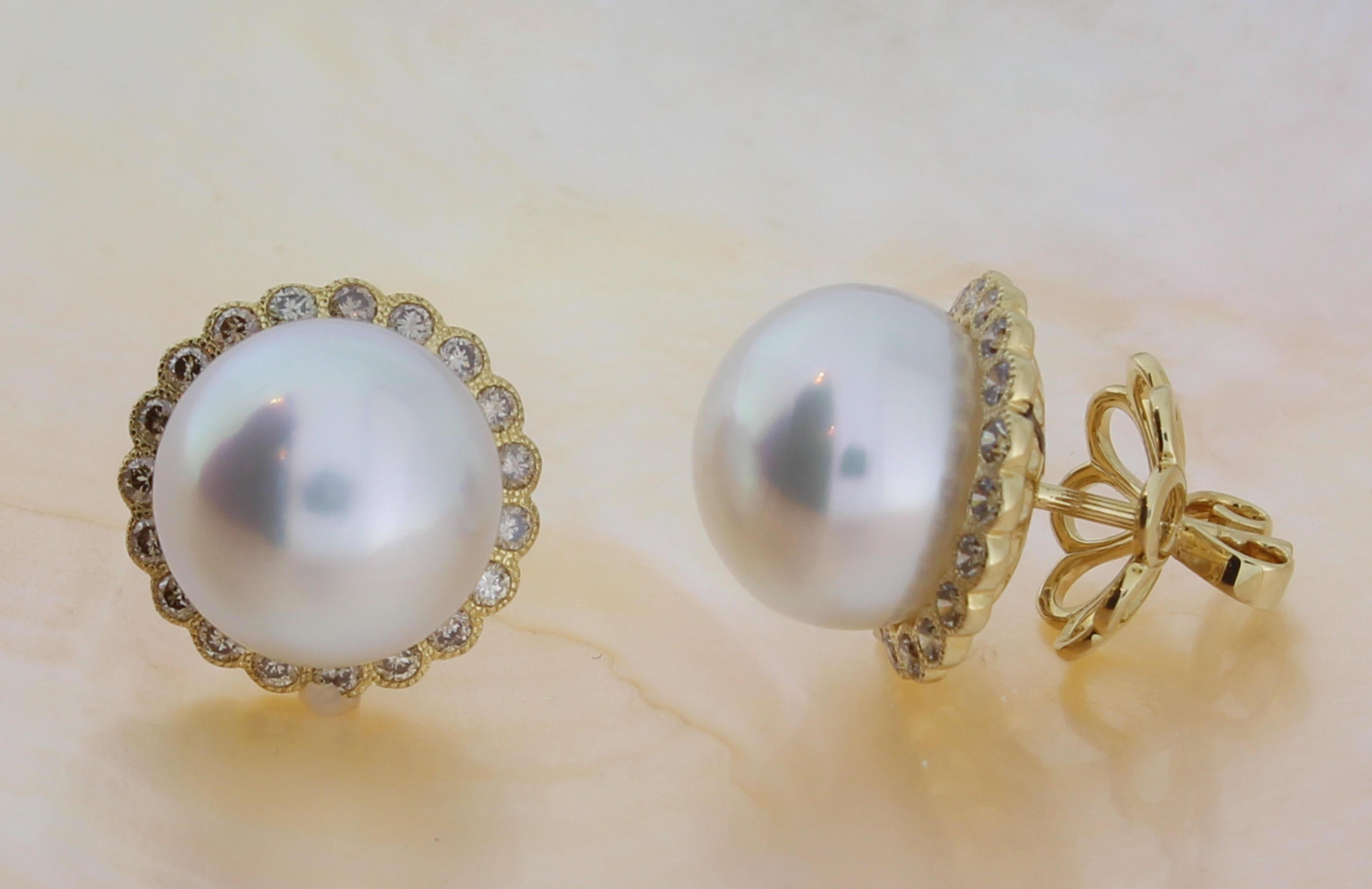 Autore Brown Diamonds White South Sea Pearl Earrings In New Condition In Sydney, AU