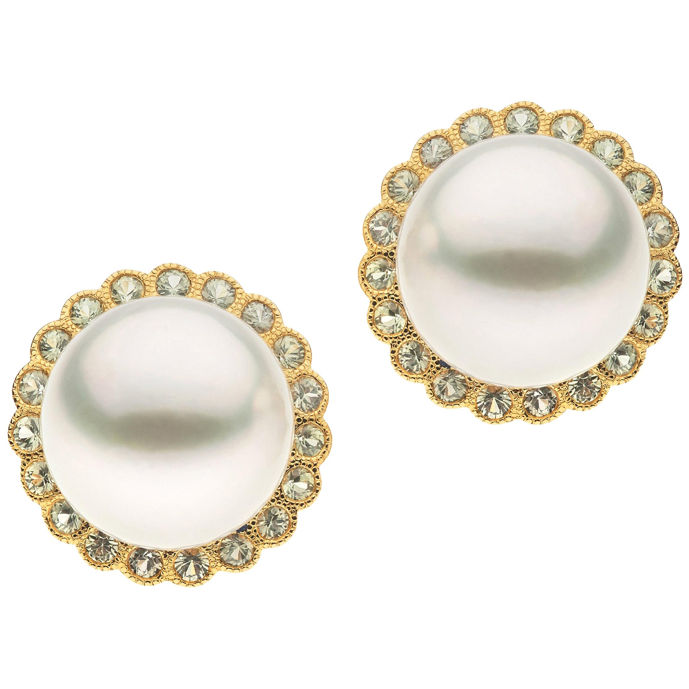 Autore Brown Diamonds White South Sea Pearl Earrings For Sale