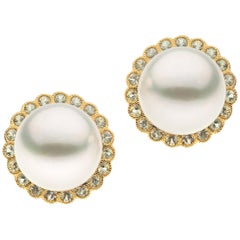 Autore Brown Diamonds White South Sea Pearl Earrings