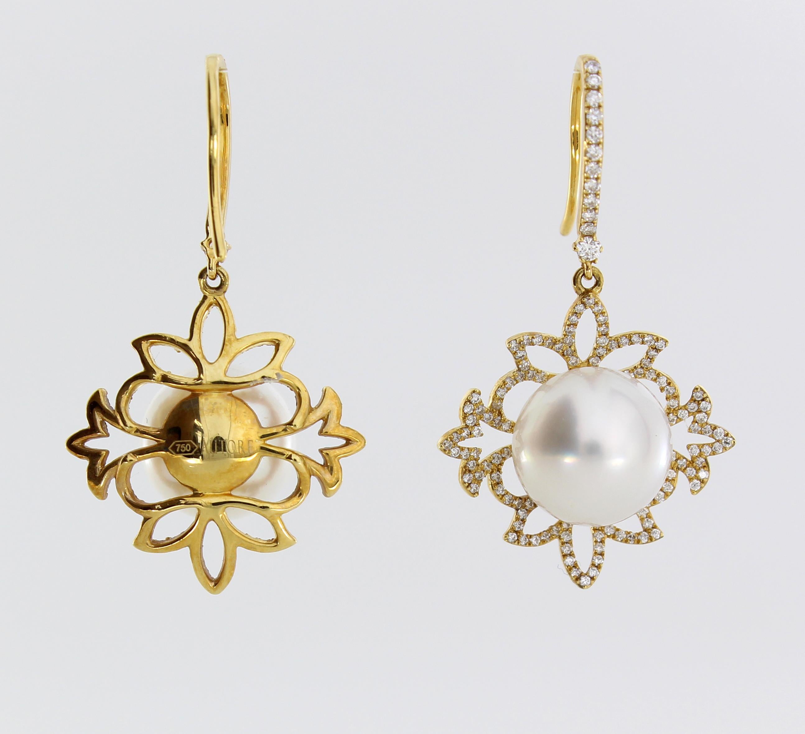 Autore Gold Diamond and South Sea Pearl Drop Earrings In New Condition In Sydney, AU