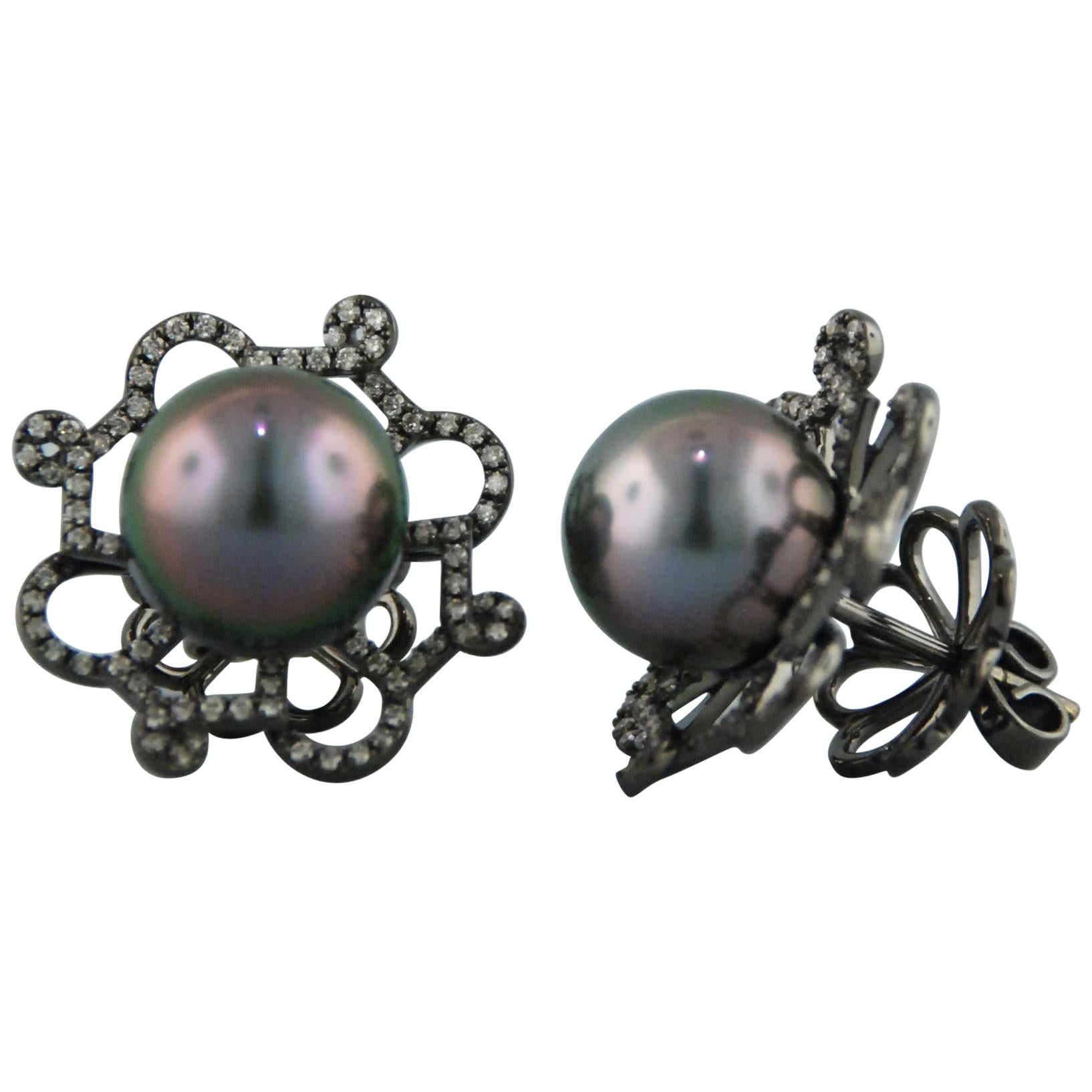 Autore Gold Diamond and Tahitian Pearl Stud Earrings For Sale