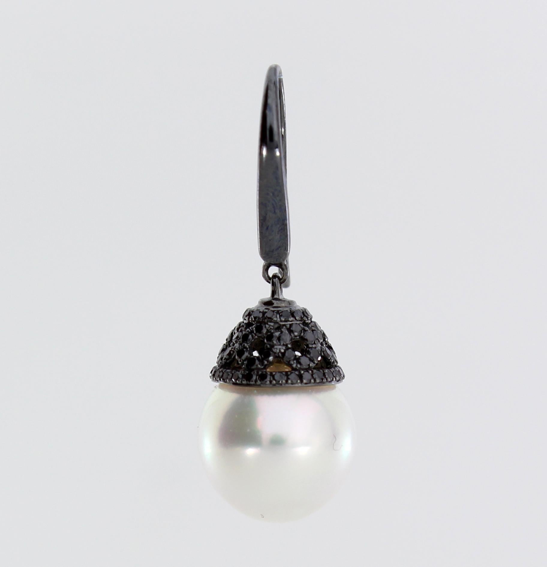 18k Black Gold with Black Diamonds (0.875ct) and 12mm White Drop South Sea Pearls. 