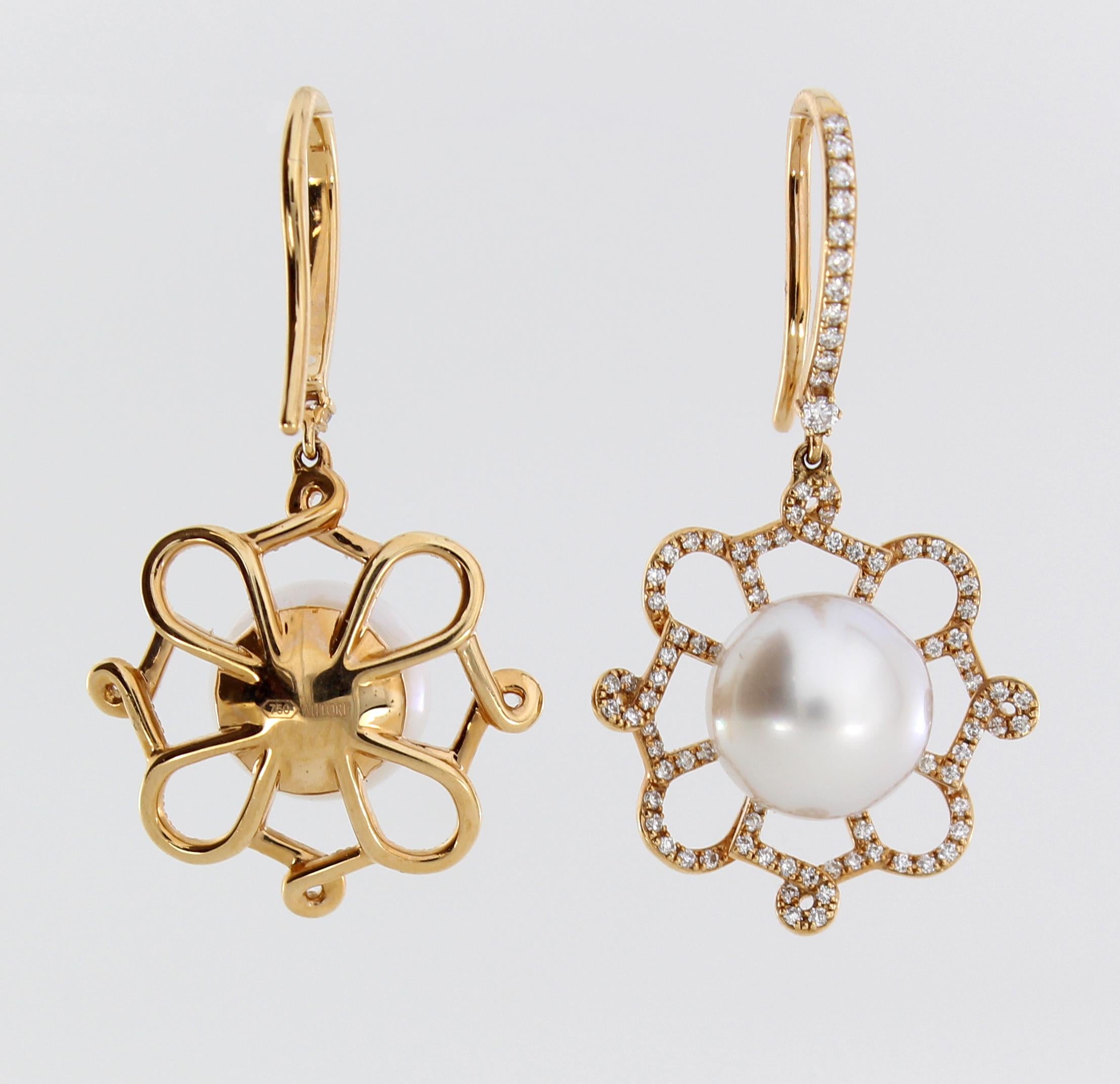 Contemporary Autore Gold White Diamond South Sea Pearl Drop Earrings