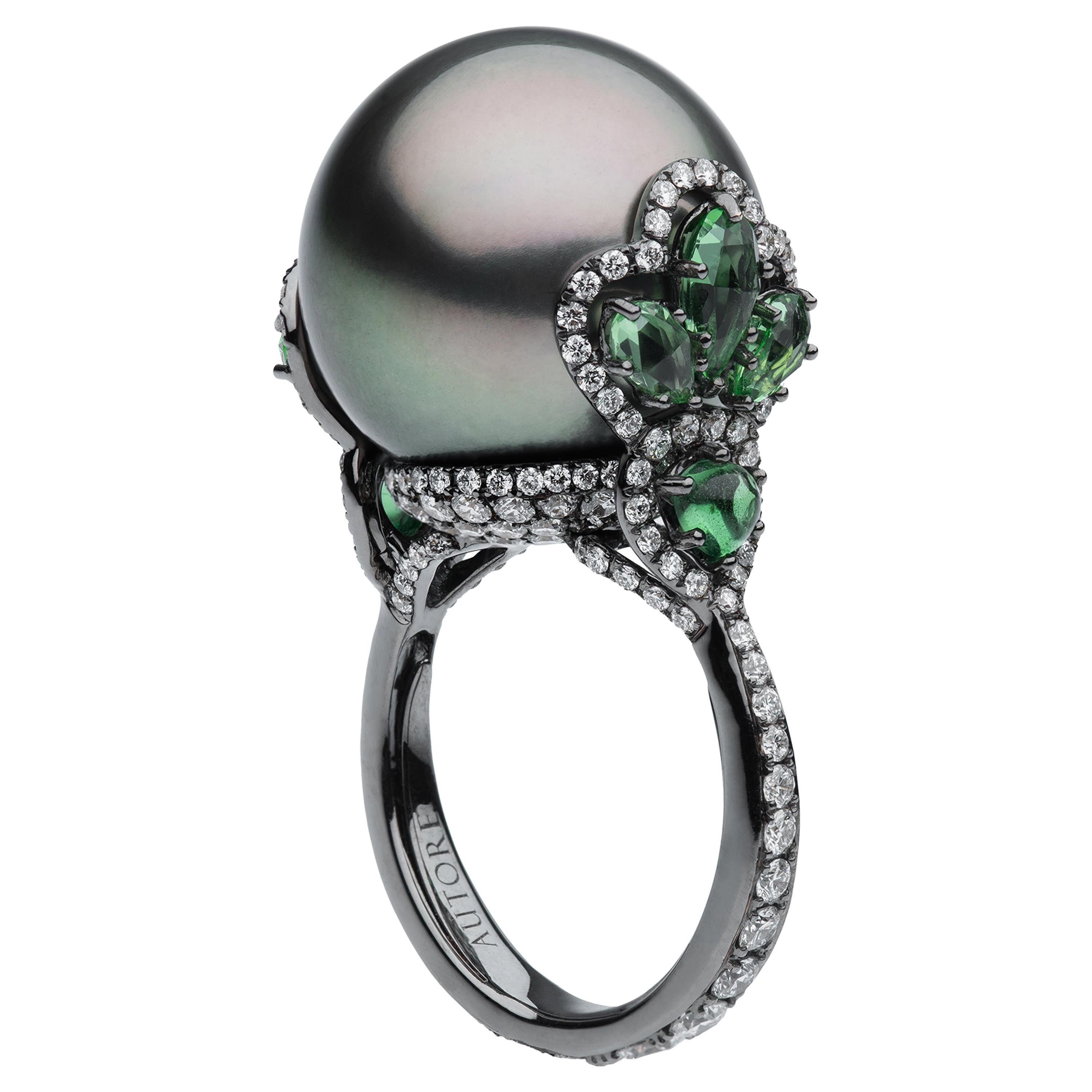 Autore Peacock Pearl White Diamond Tsavorite Ring For Sale