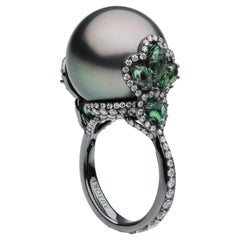 Autore Peacock Pearl White Diamond Tsavorite Ring