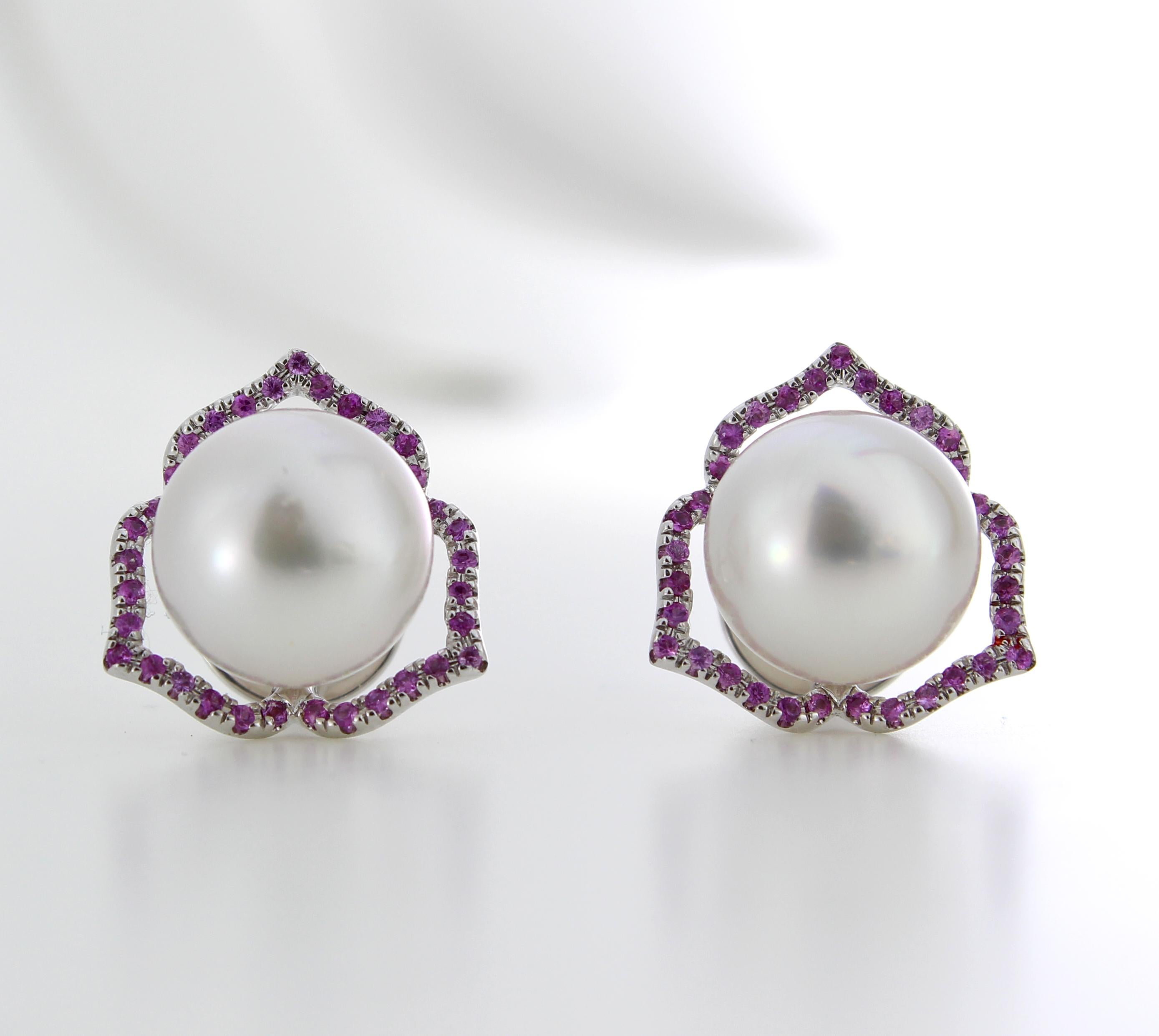 Contemporary Autore Pink Sapphire White South Sea Pearl Stud Earrings For Sale