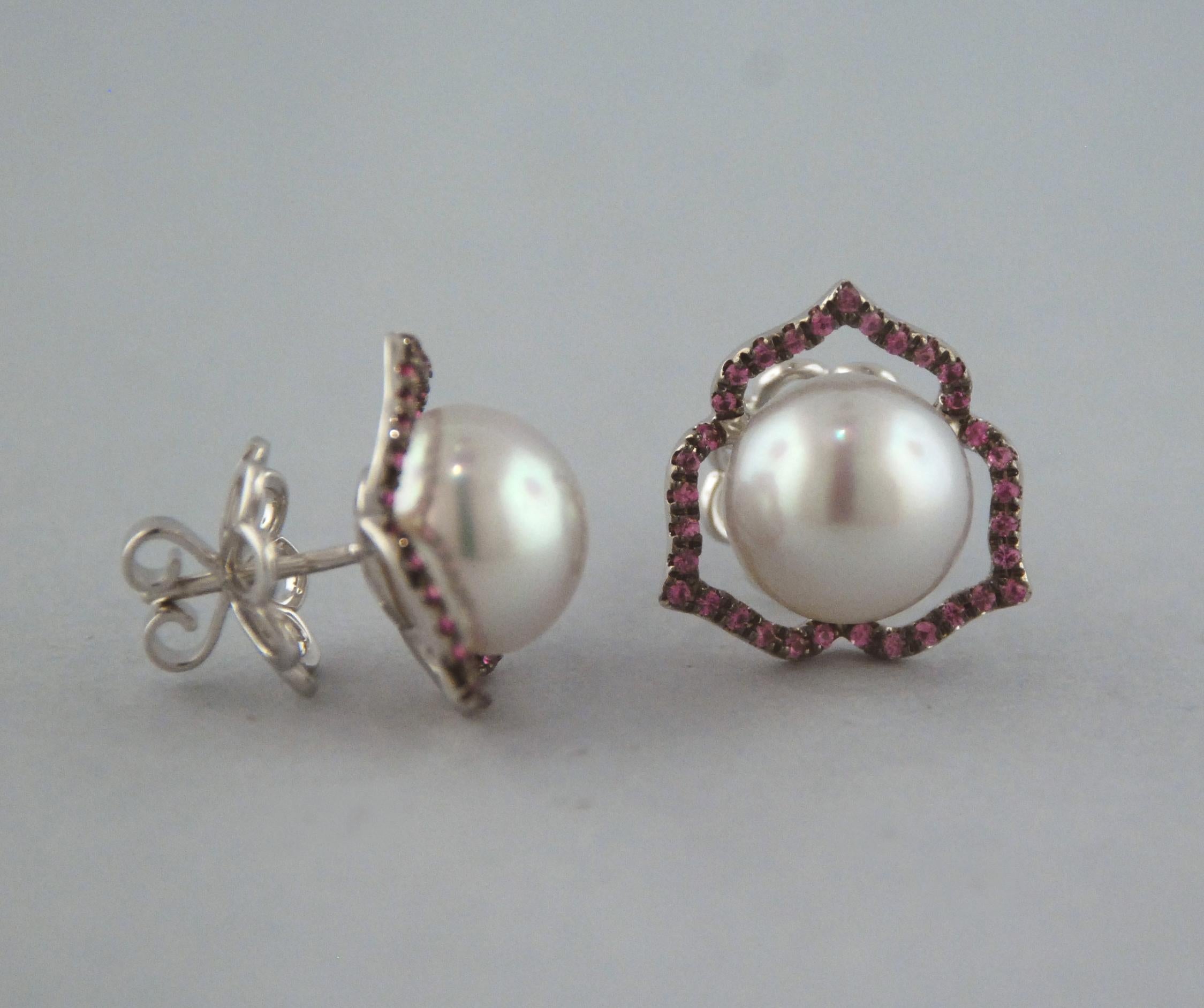 Autore Pink Sapphire White South Sea Pearl Stud Earrings In New Condition In Sydney, AU