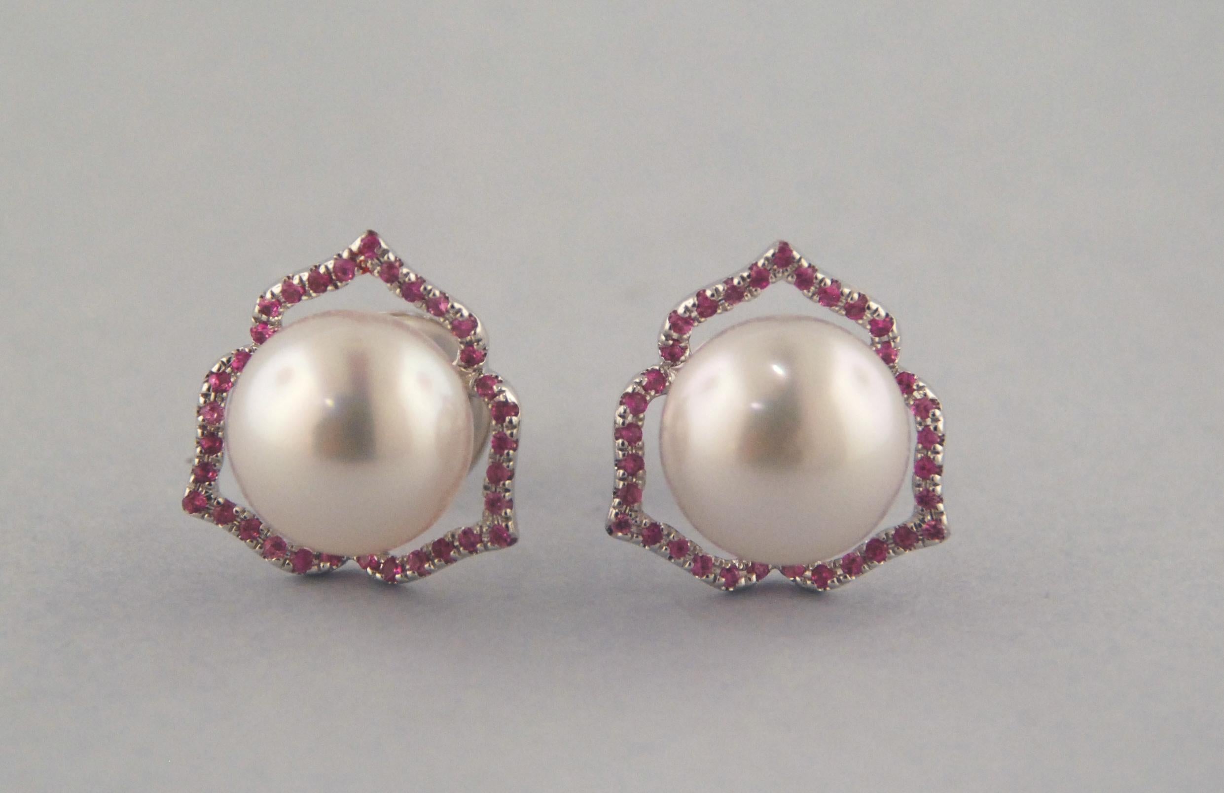 Autore Pink Sapphire White South Sea Pearl Stud Earrings In New Condition For Sale In Sydney, AU