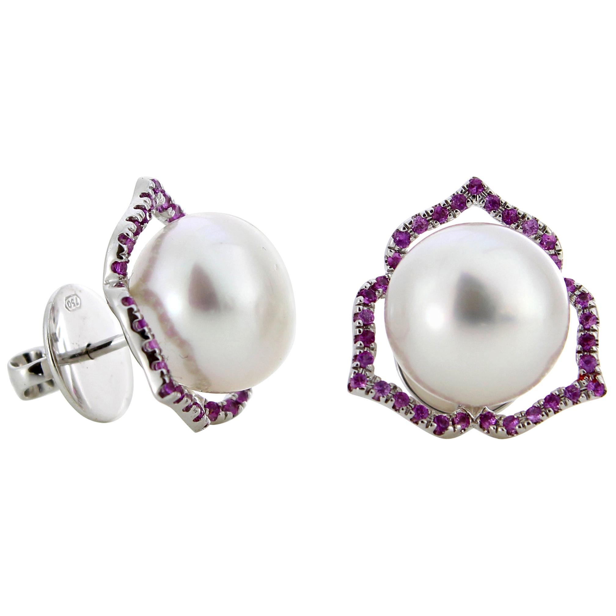 Autore Pink Sapphire White South Sea Pearl Stud Earrings For Sale