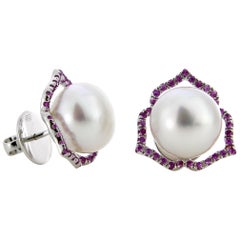 Autore Pink Sapphire White South Sea Pearl Stud Earrings