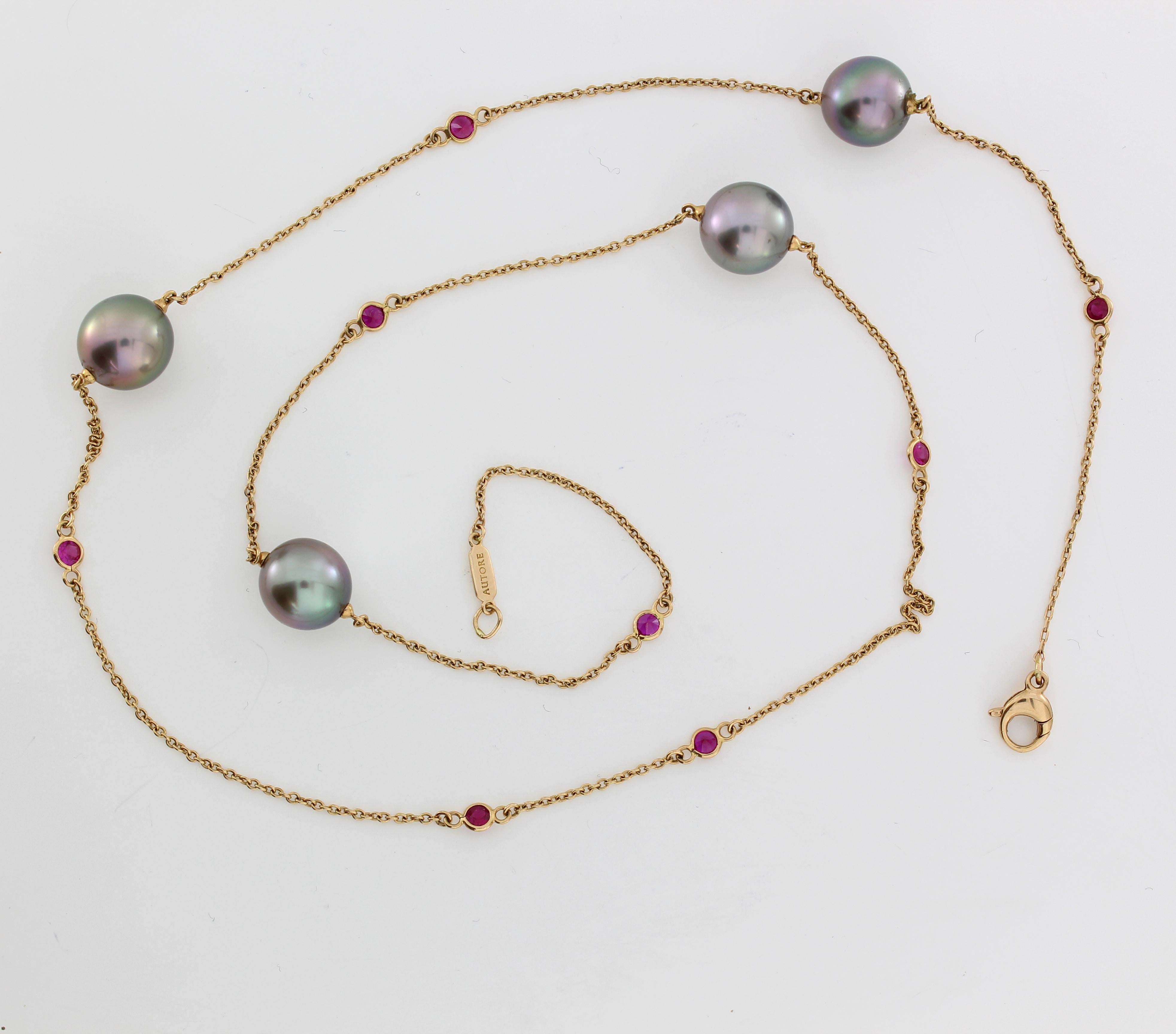 Autore Rose Gold Ruby Tahitian Pearl Chain Necklace In New Condition In Sydney, AU
