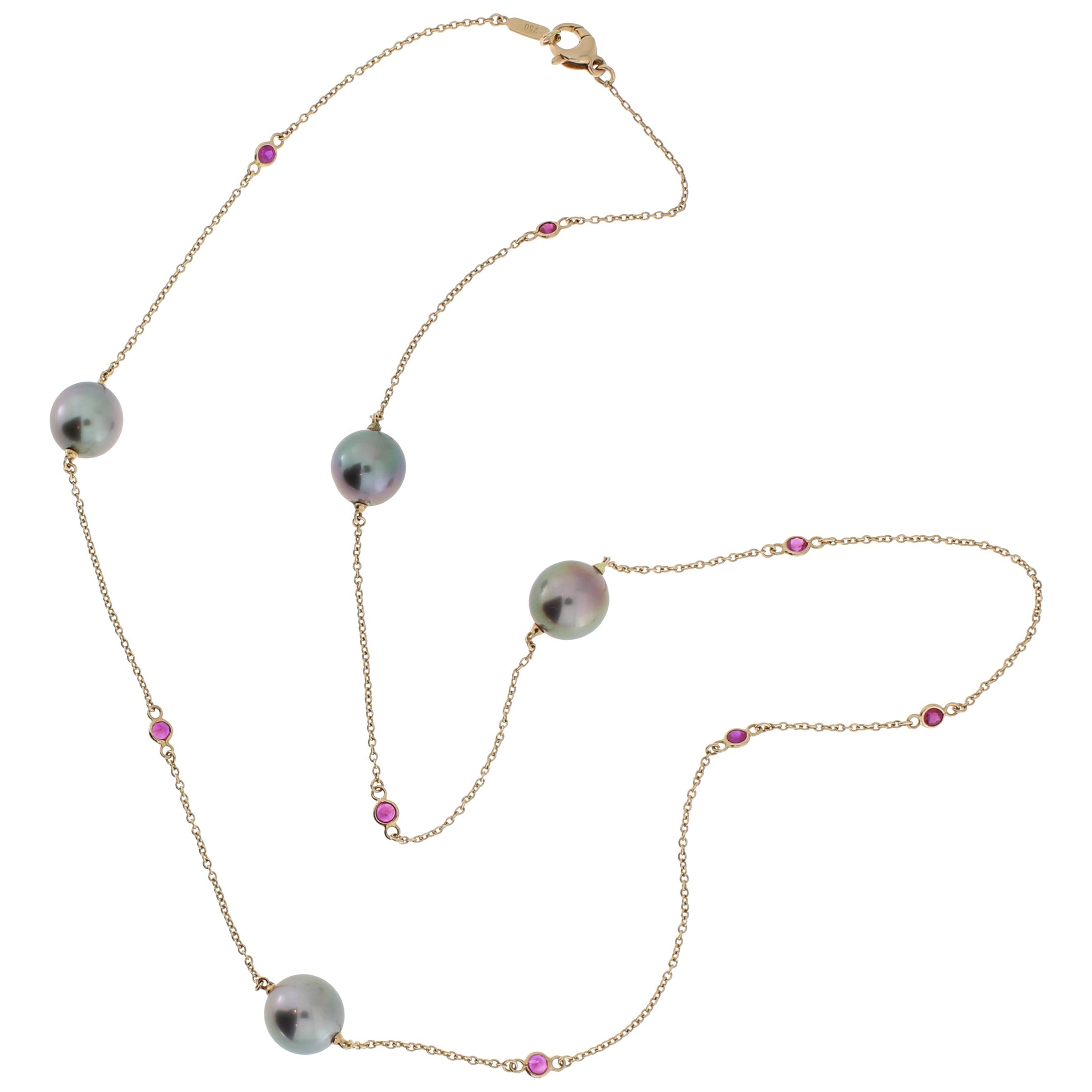 Autore Rose Gold Ruby Tahitian Pearl Chain Necklace For Sale