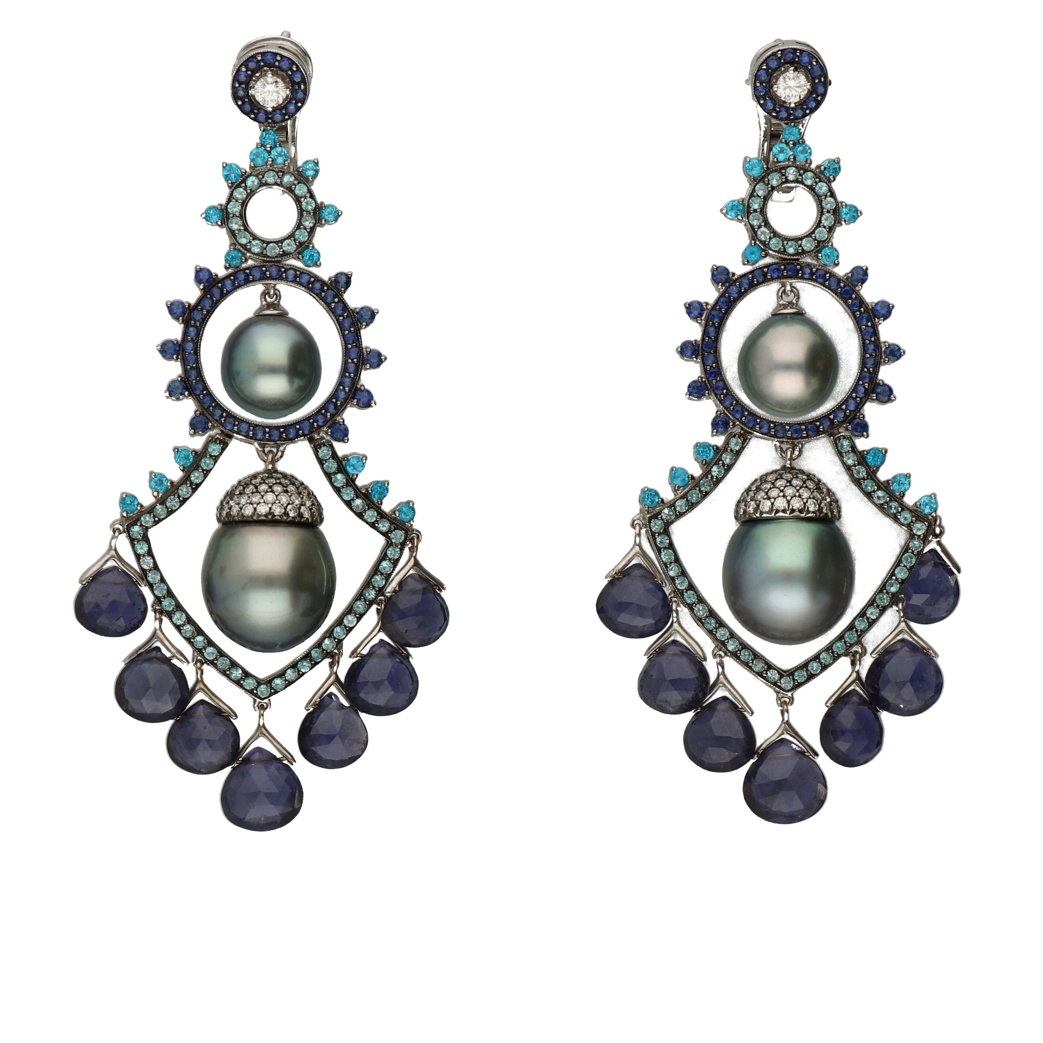 Autore 18K White Gold chandelier earrings with 4 Autore South Sea Cultured Pearls, grey, near round, 10 - 13 mm diameter, diamonds, blue sapphires, apatites, iolites and Paraiba tourmalines.

Pearl shine:II - Surface Blemishes: A / B1 - Pearl Grain: