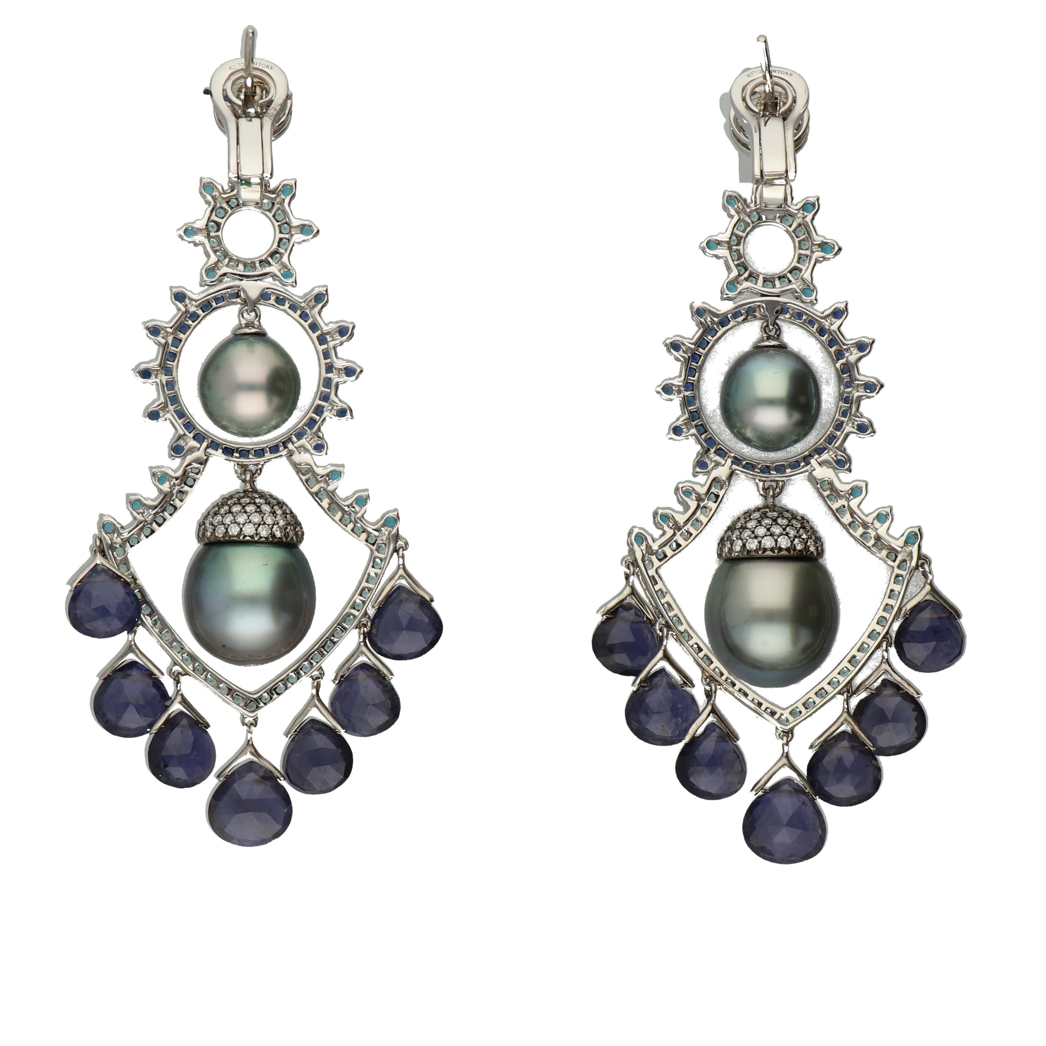 Contemporary Autore South Sea Cultured Pearls Diamonds Sapphires Iolites Gold Earrings For Sale