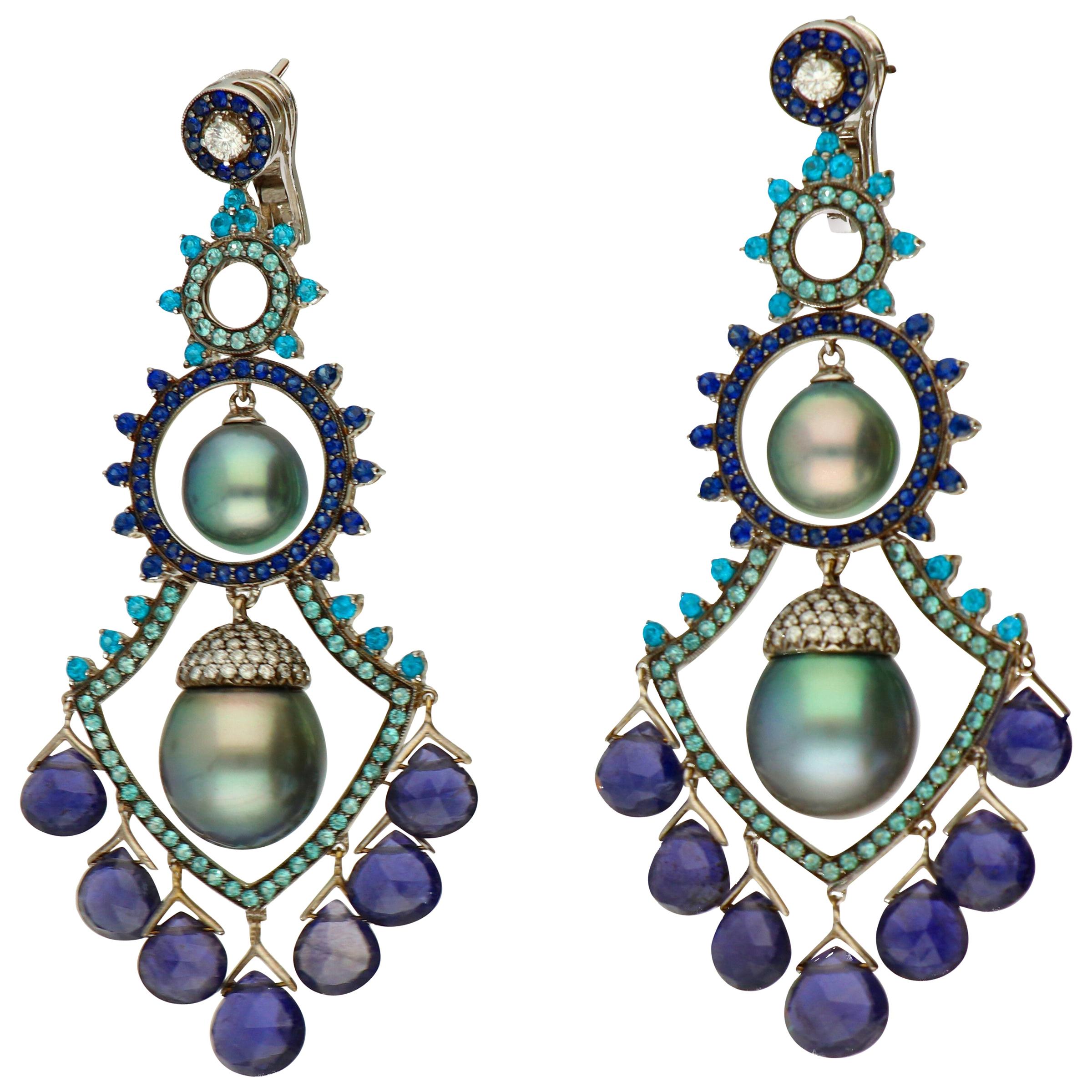 Autore South Sea Cultured Pearls Diamonds Sapphires Iolites Gold Earrings For Sale