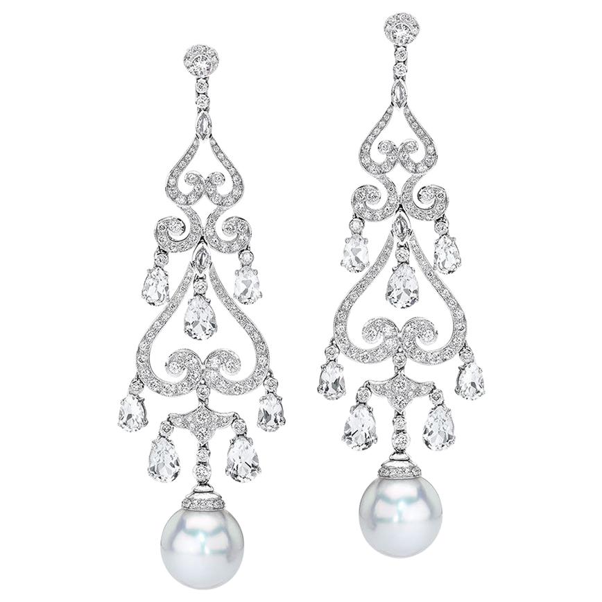 Autore South Sea Pearl Chandelier Earrings with Diamonds and 9.30ct. White Topaz For Sale