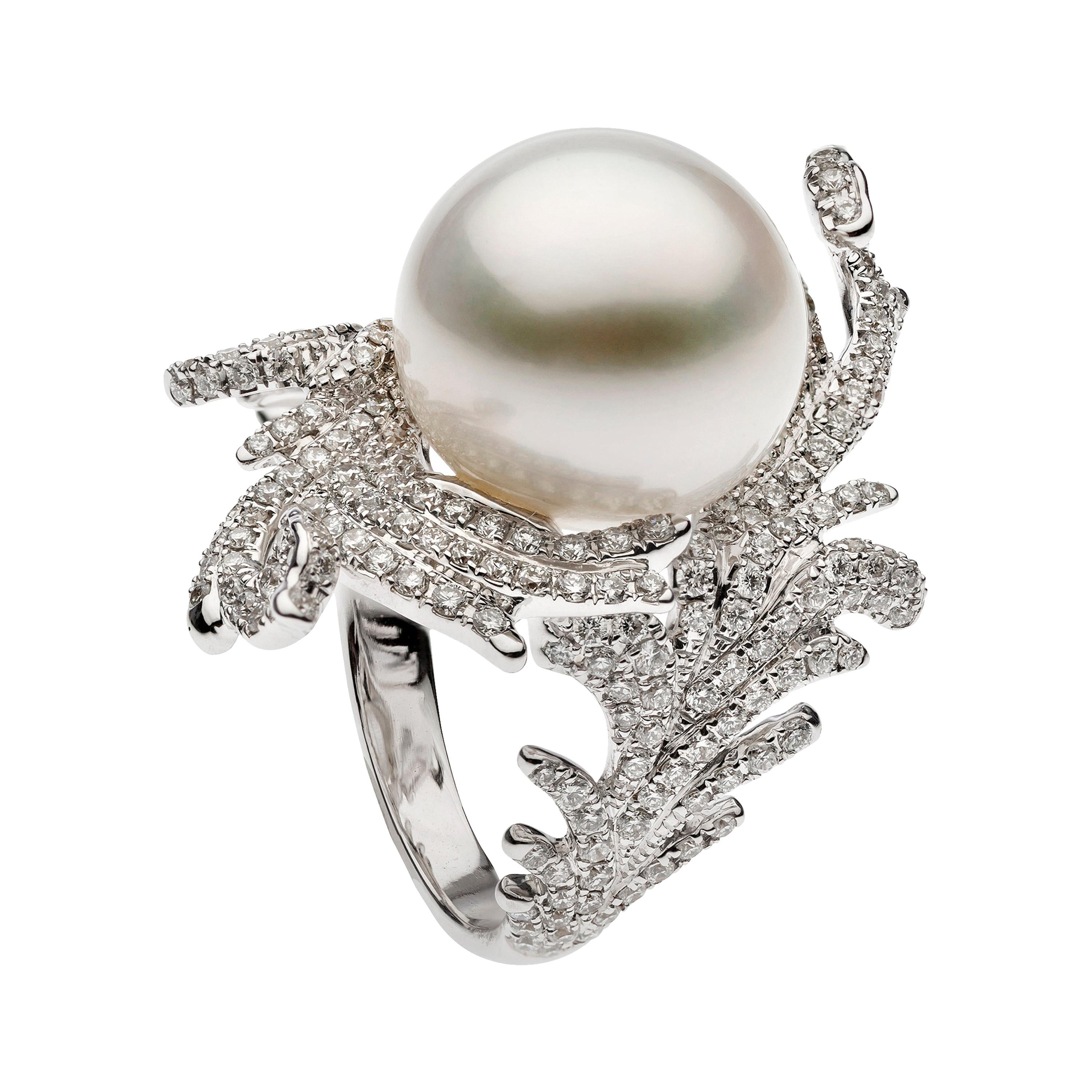 Autore South Sea Pearl Diamond Leaf Ring For Sale