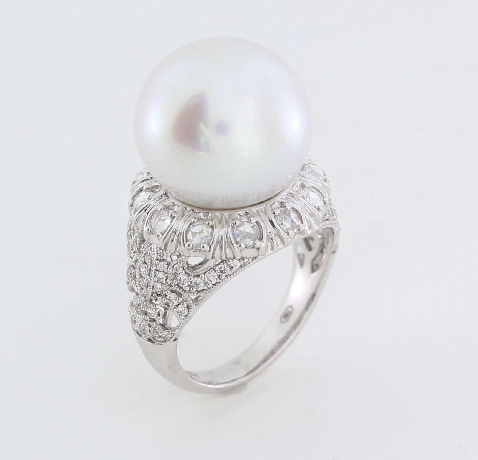 The Royal Ring is from the AUTORE Metropolitan Collection and is inspired by the Palace de Versailles in France. 
This piece is crafted in 18k White Gold with White Diamonds (H SI 0.725ct Brilliant Cut) and a 15mm White South Sea Pearl. 