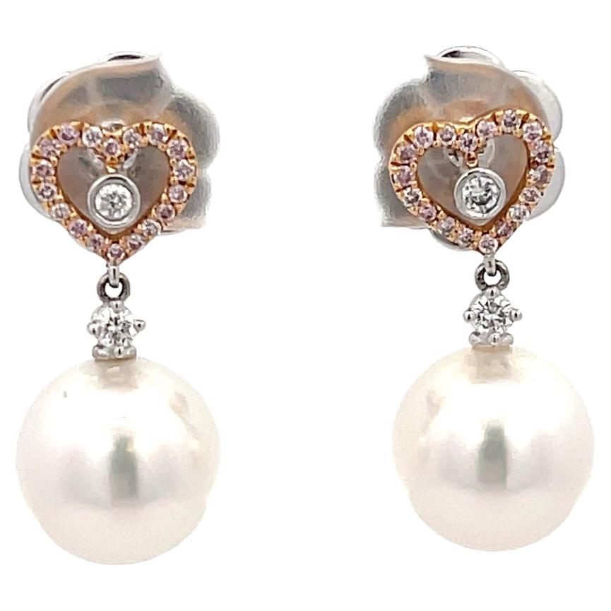 Autore South Sea Pearl & Heart Diamond Earrings 18K Gold For Sale