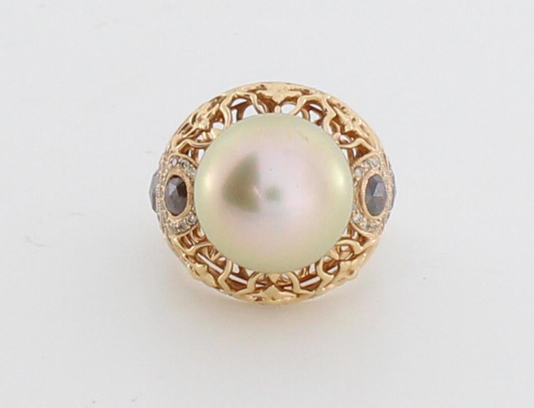 Modern Autore South Sea Pearl Iron Lattice Diamond Ring For Sale