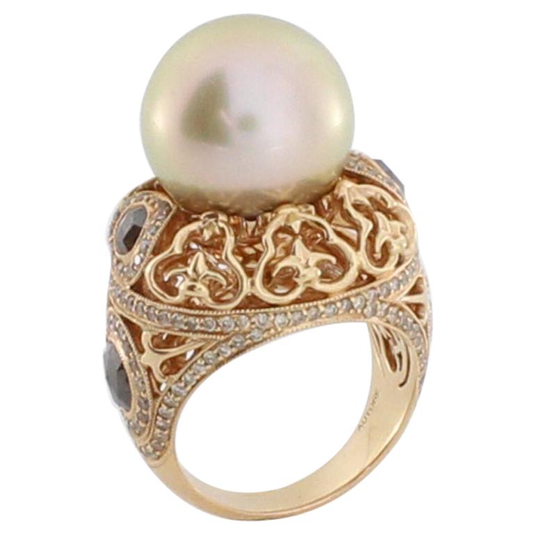 Autore South Sea Pearl Iron Lattice Diamond Ring For Sale