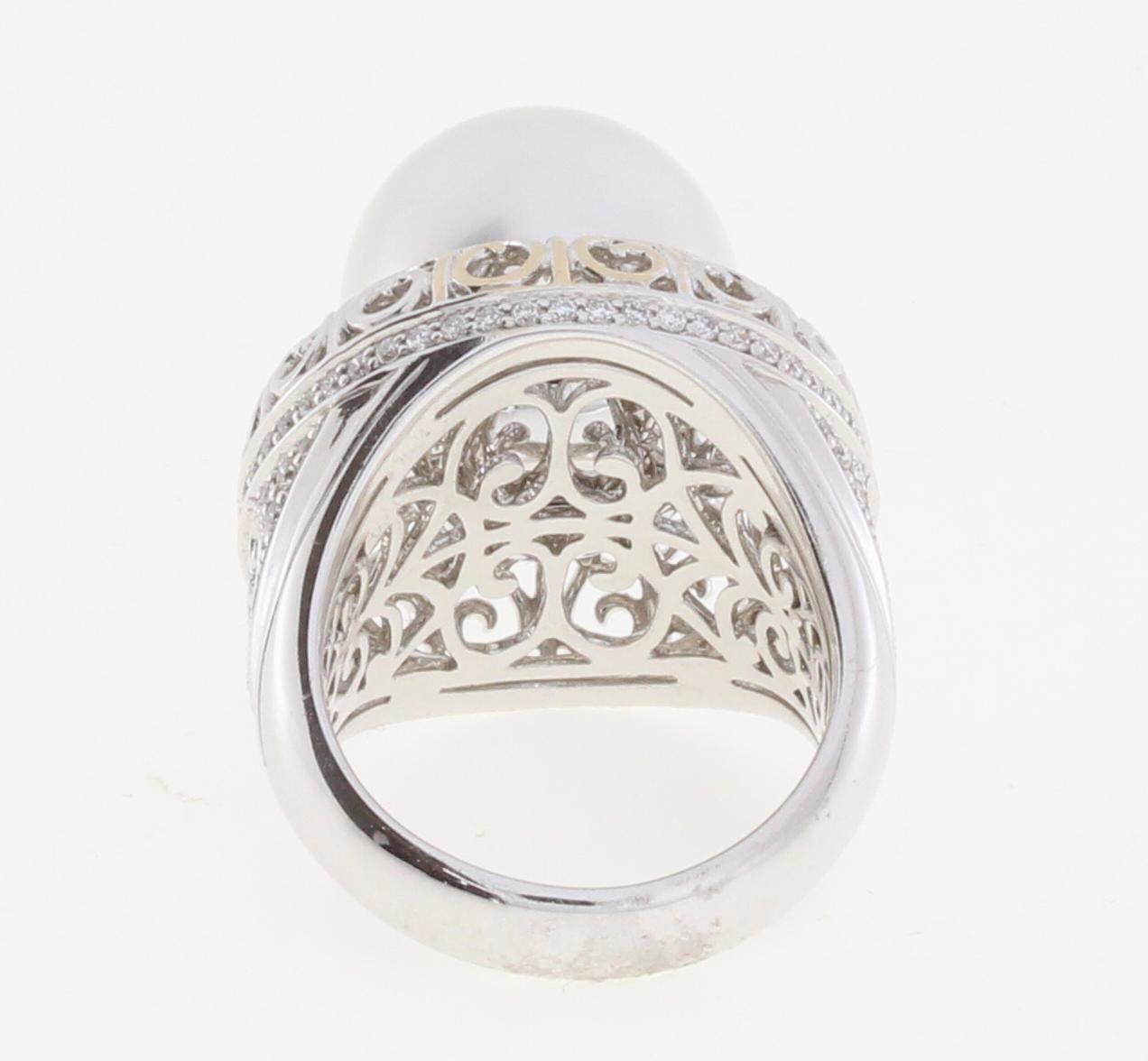 Modern Autore South Sea Pearl Iron Lattice Ring For Sale