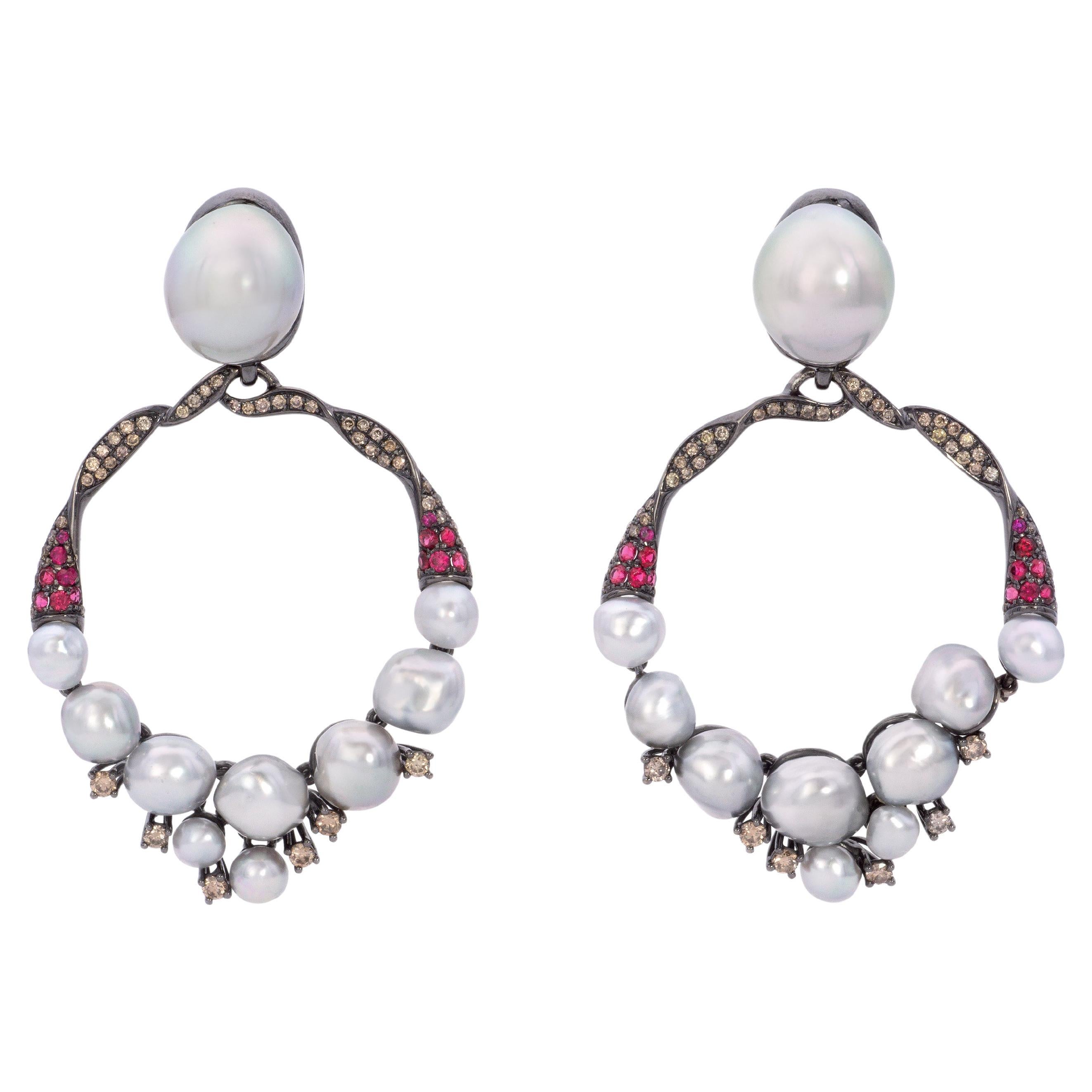 Autore South Sea Pearls, Spinel, Diamond and 18K Blackened Gold Dangle Earrings For Sale