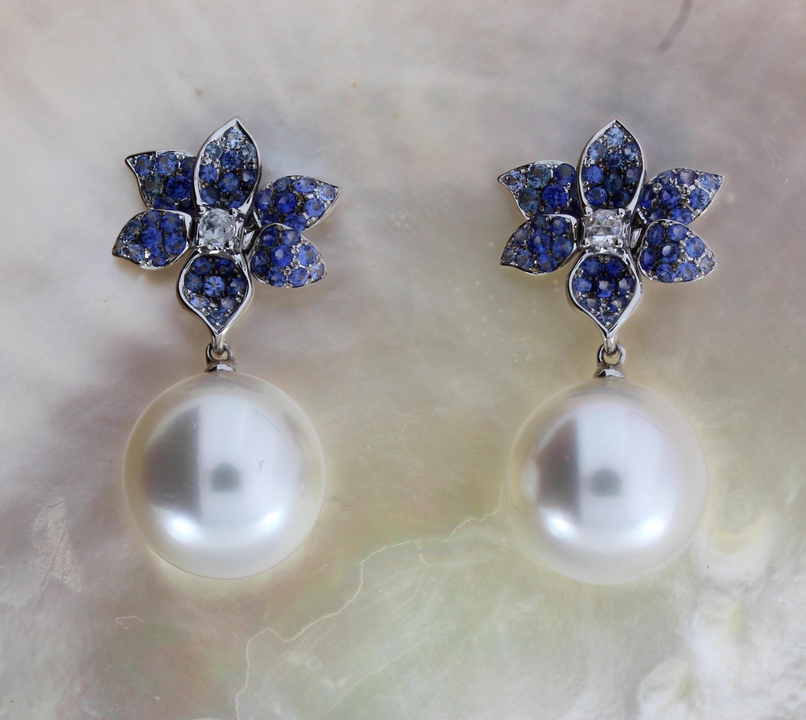 Autore White Diamond Blue Sapphire South Sea Pearl Earrings In New Condition In Sydney, AU