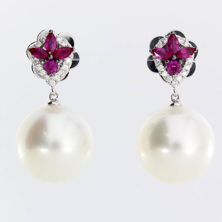 Contemporary Autore White Diamond Pink Sapphire South Sea Pearl Earrings