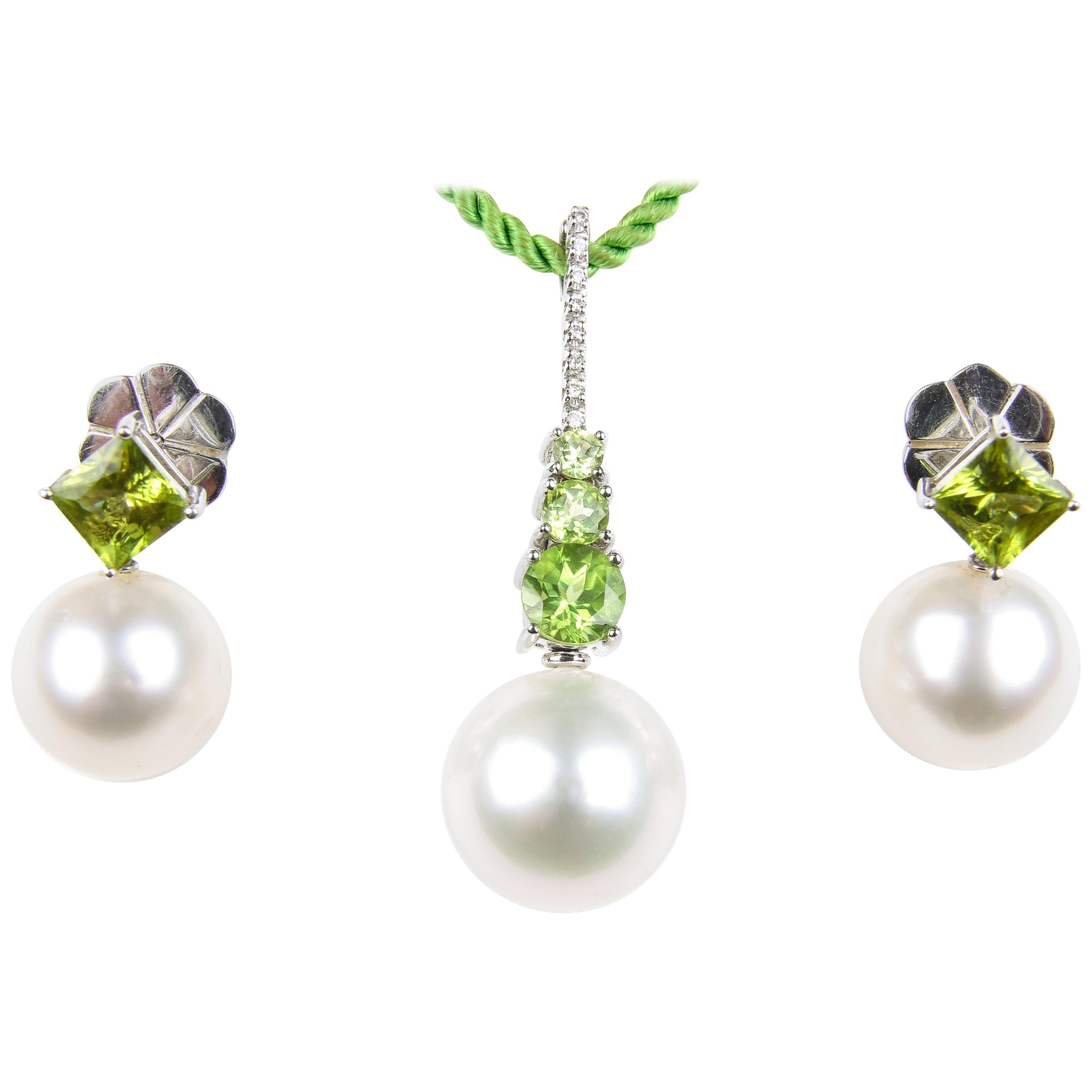 Autore White Gold, South Sea Pearl, Diamond, Peridot Pendant and Earrings Set