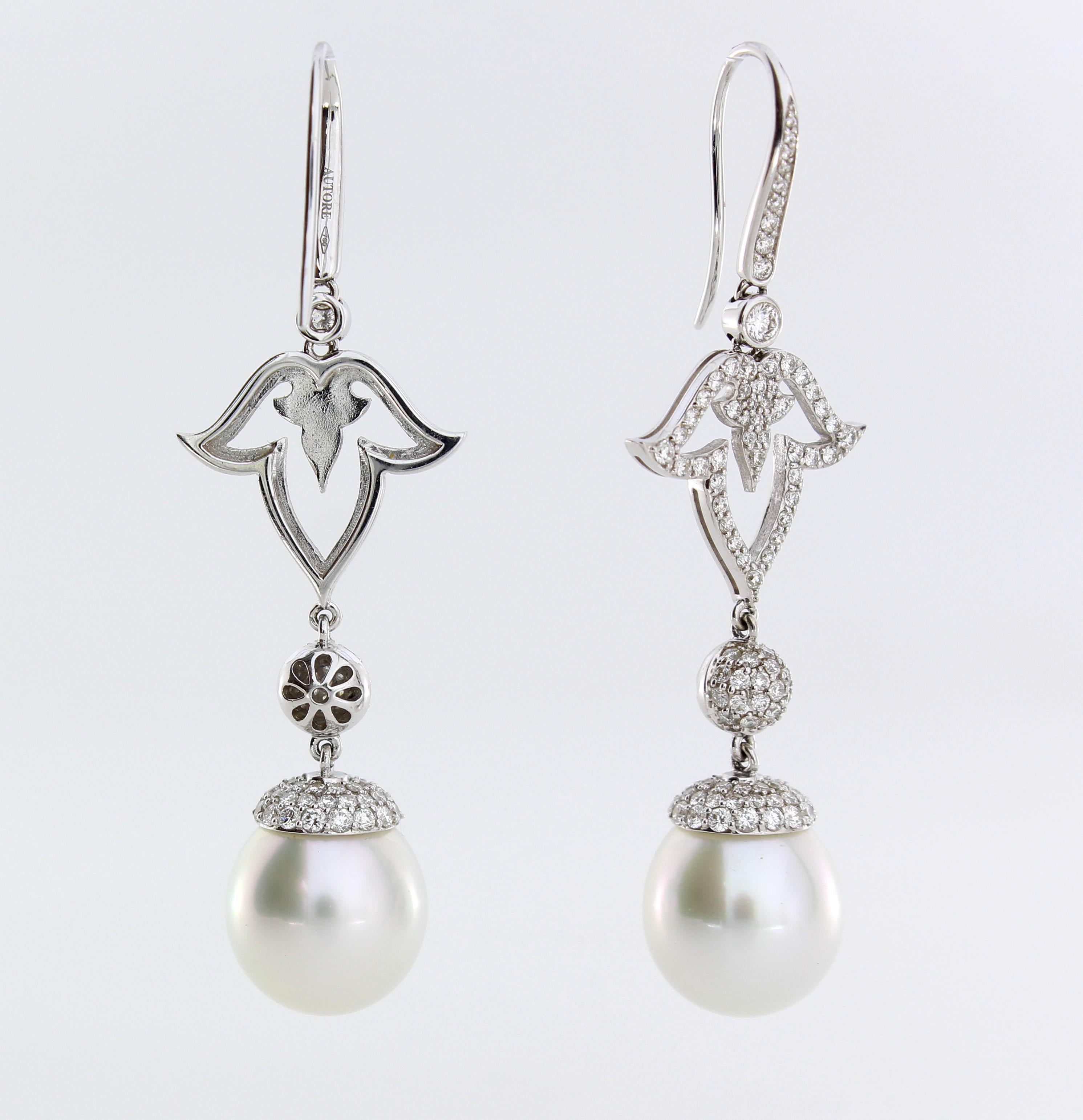 Contemporary Autore White Gold White Diamonds South Sea Pearl Long Earrings