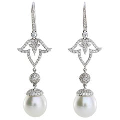 Autore White Gold White Diamonds South Sea Pearl Long Earrings