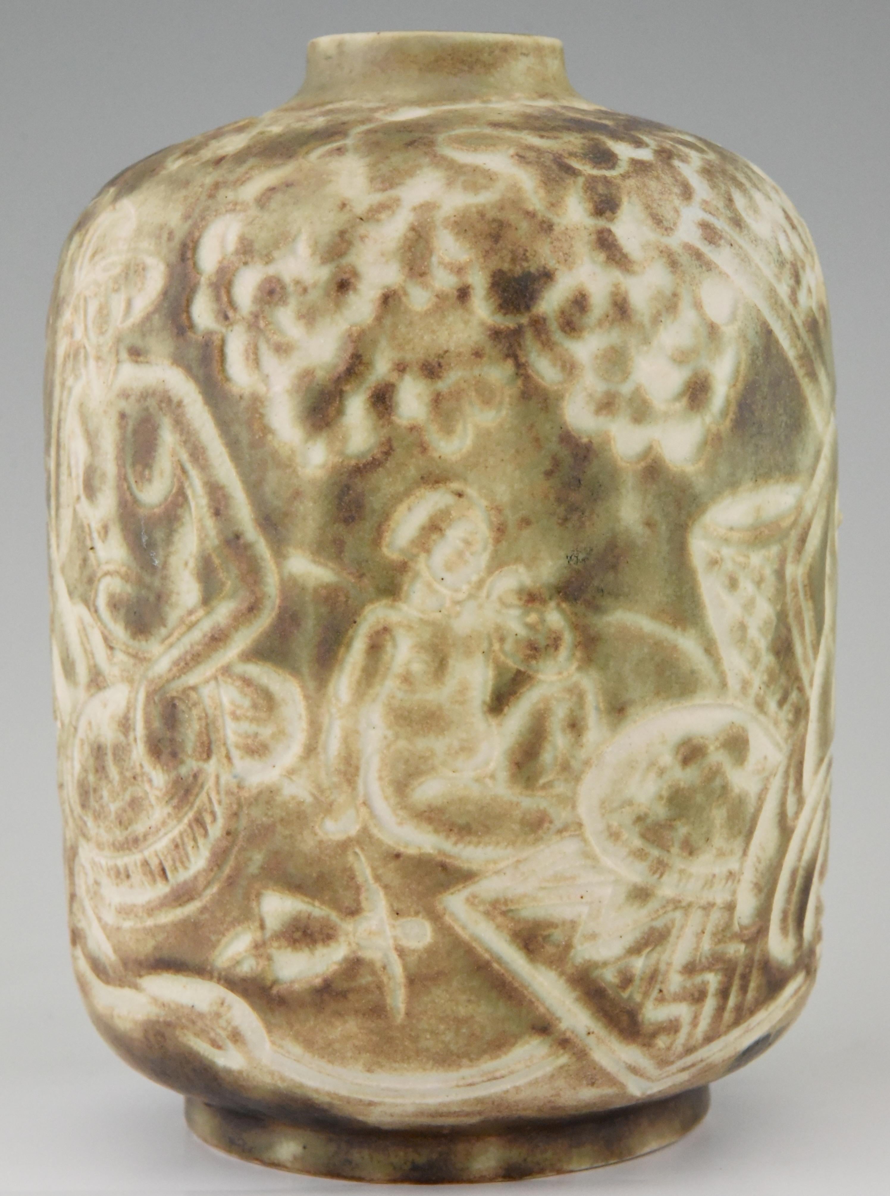 French Autumn Art Deco Ceramic Vase with Nudes Gaston Ventrillon for Mougin, 1930