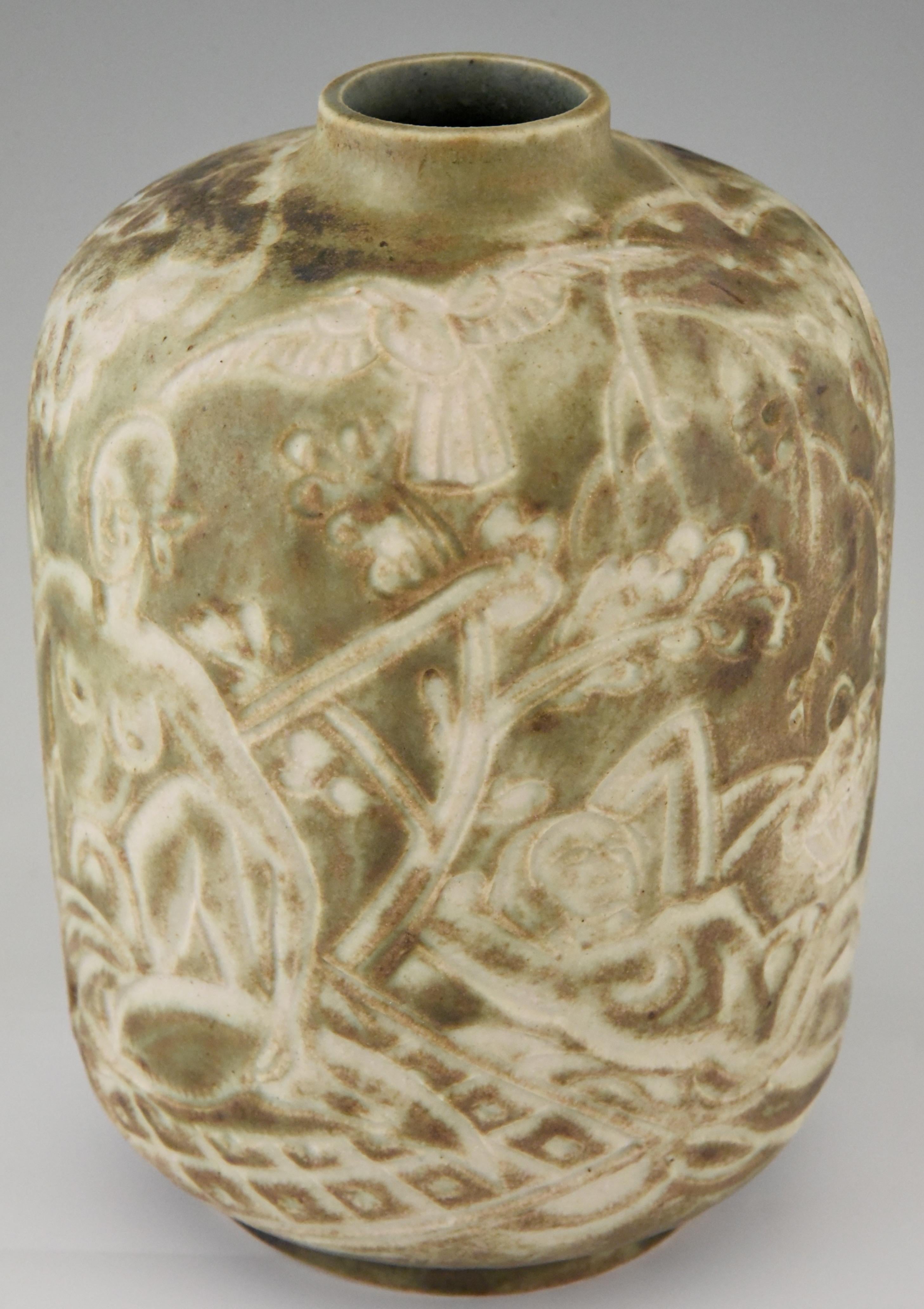 Autumn Art Deco Ceramic Vase with Nudes Gaston Ventrillon for Mougin, 1930 1