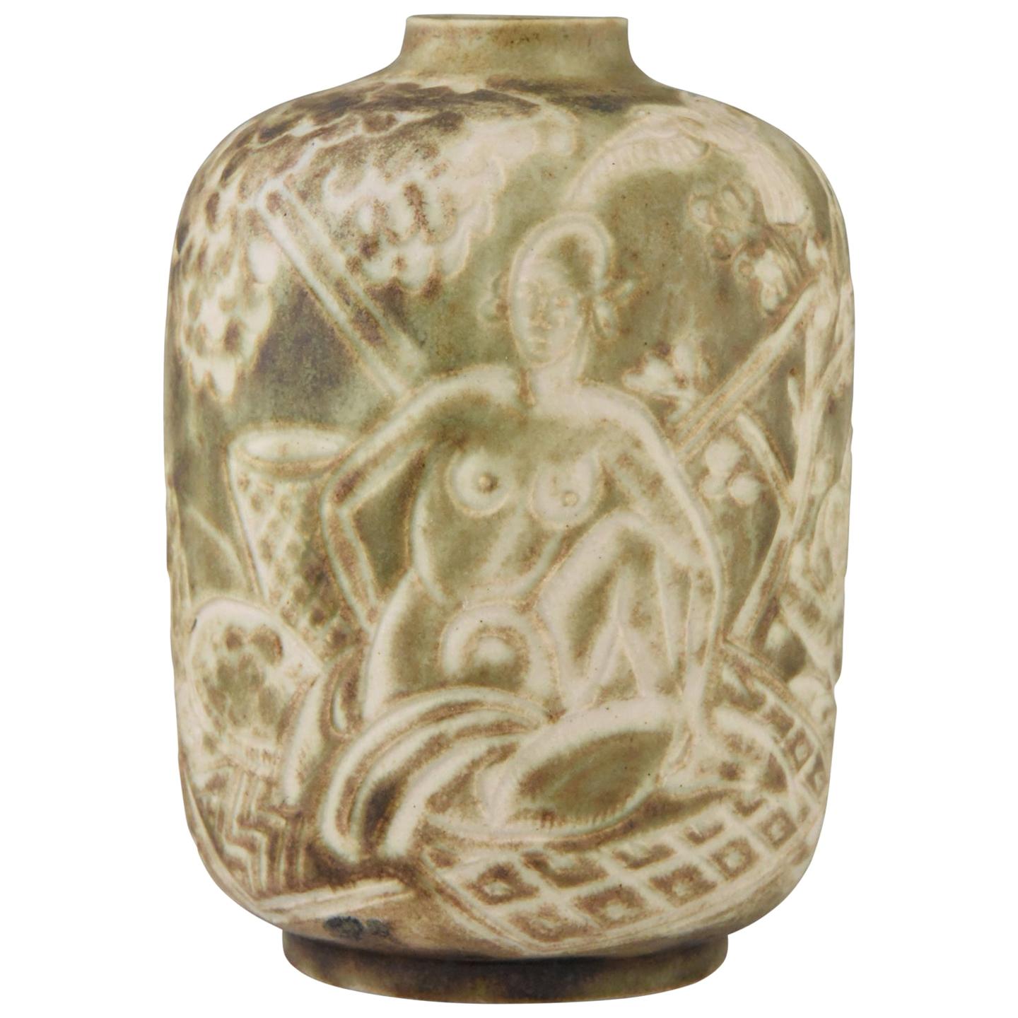 Autumn Art Deco Ceramic Vase with Nudes Gaston Ventrillon for Mougin, 1930