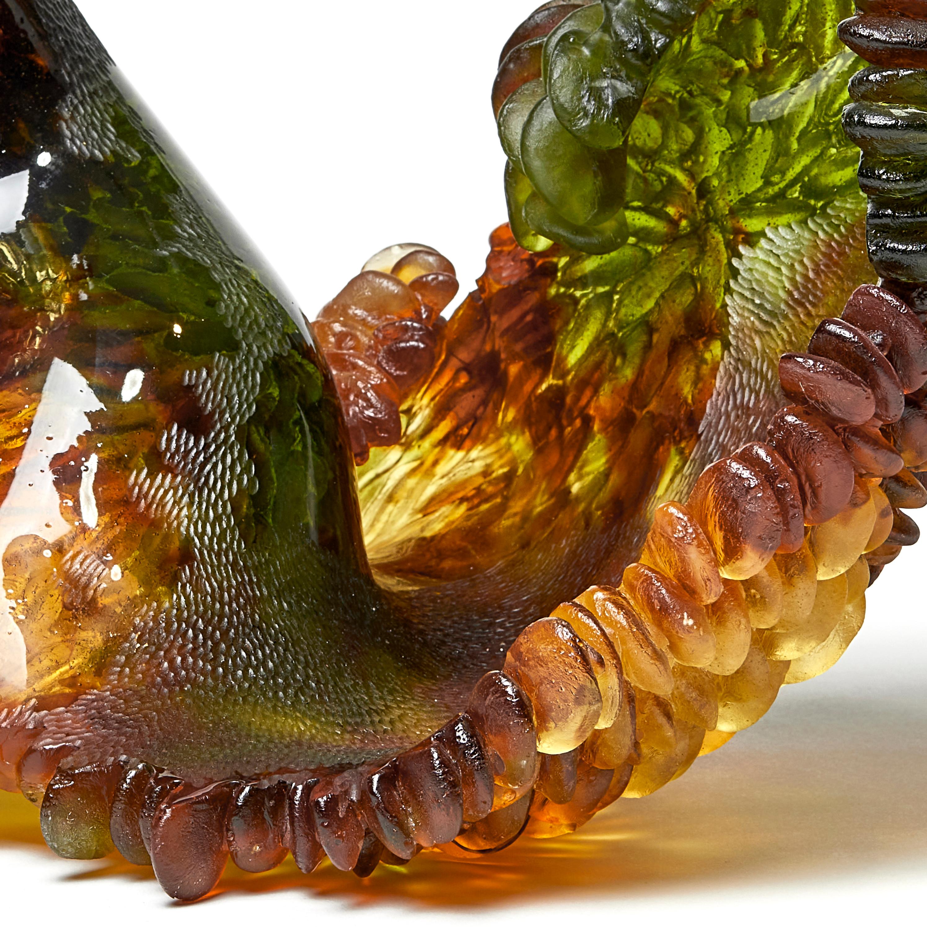 British Autumn Cherry, Unique Glass Sculpture in Green and Amber by Nina Casson McGarva