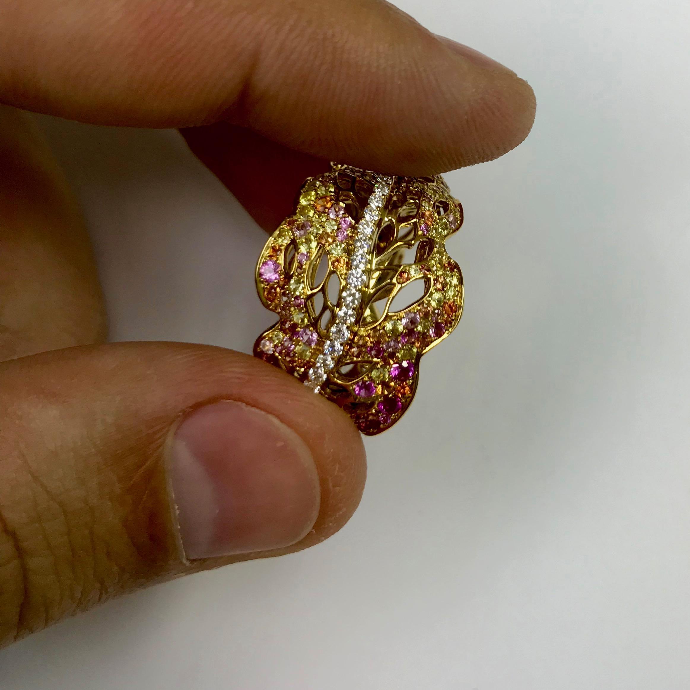 Contemporary Autumn Color Diamond Pink Yellow Sapphire Leaf Ring For Sale