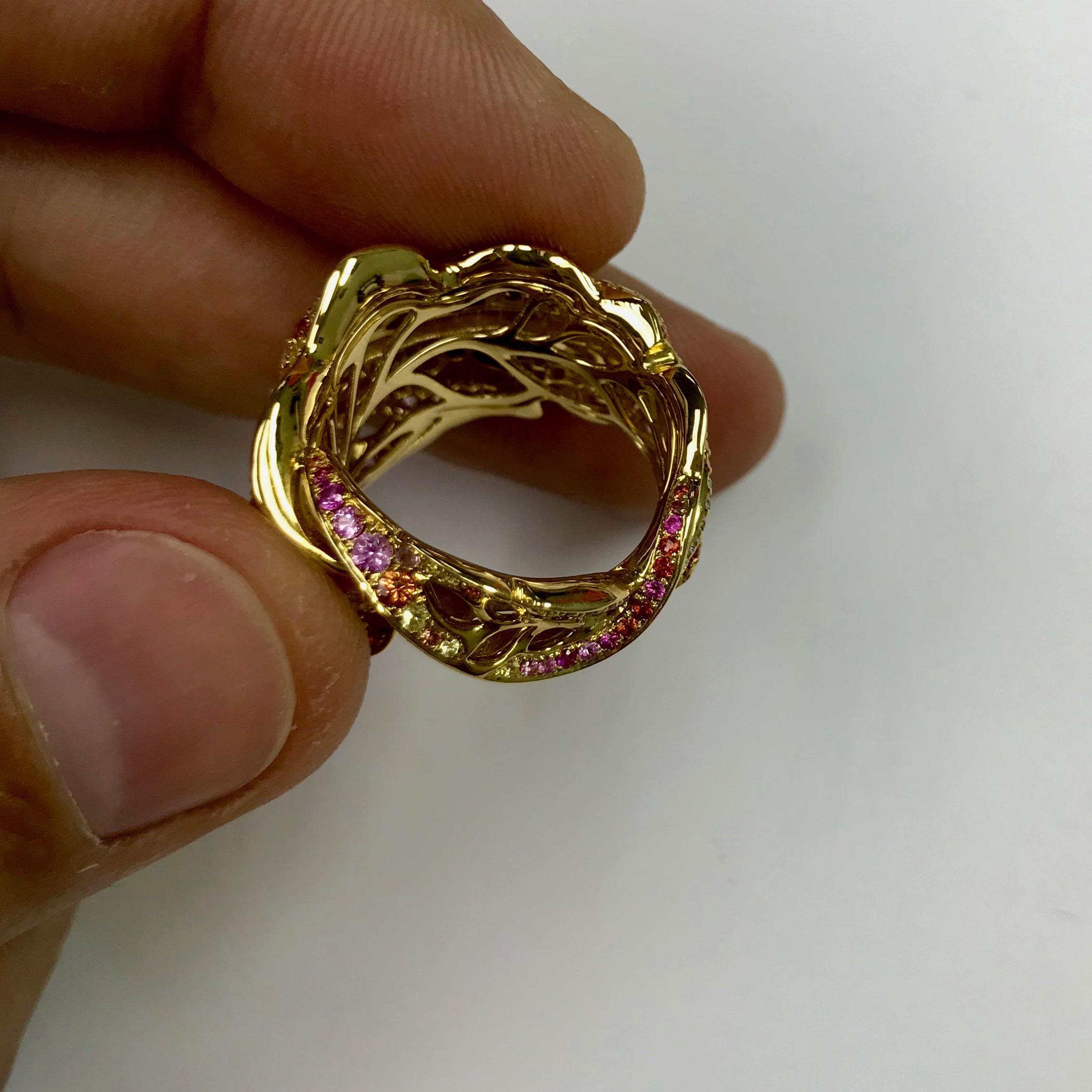 Round Cut Autumn Color Diamond Pink Yellow Sapphire Leaf Ring For Sale