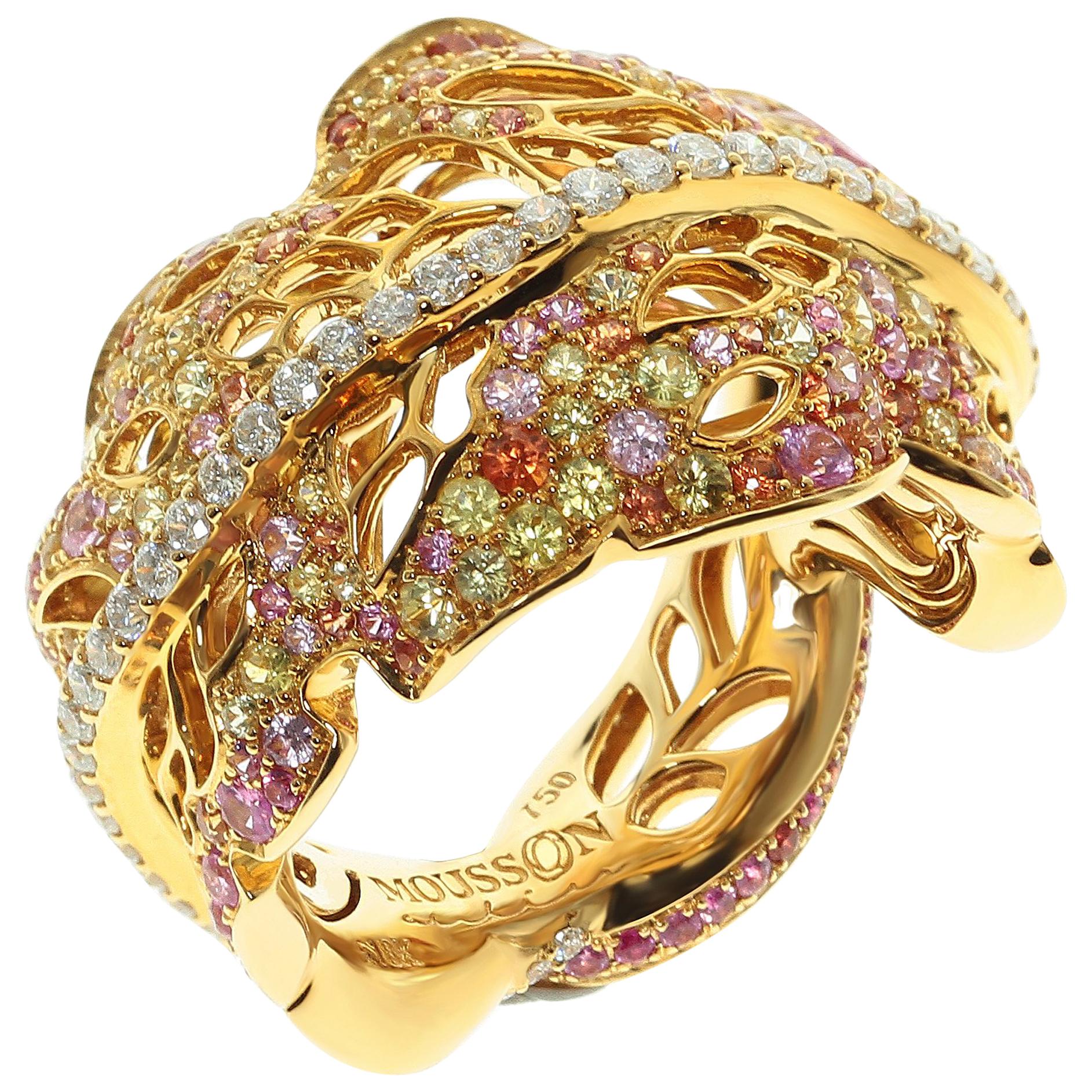 Autumn Color Diamond Pink Yellow Sapphire Leaf Ring For Sale