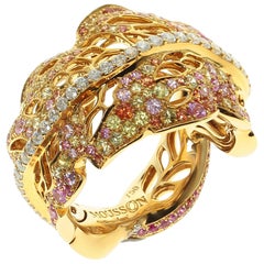 Autumn Color Diamond Pink Yellow Sapphire Leaf Ring