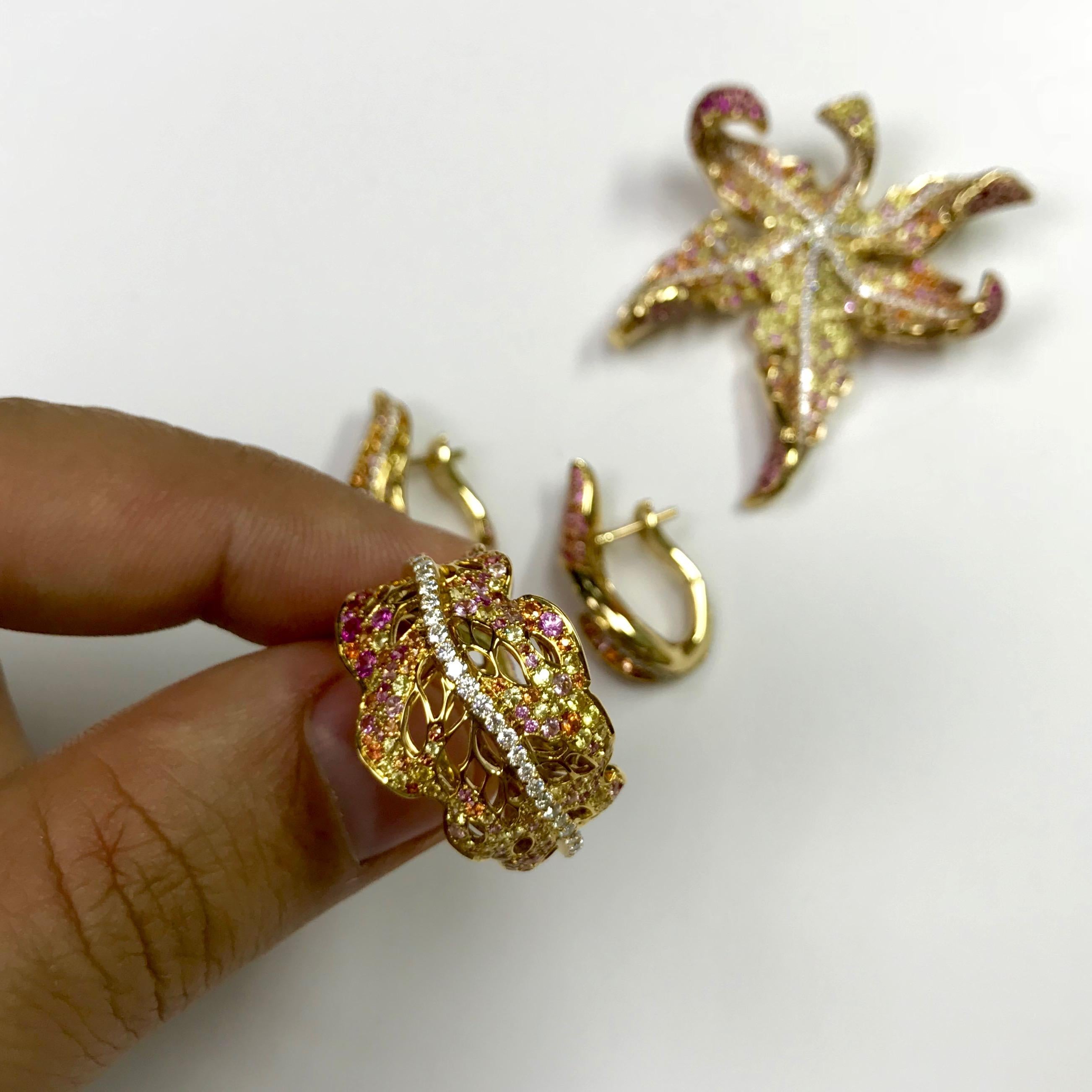 Autumn Color Diamond Pink Yellow Sapphire Maple Leaf Brooch In New Condition For Sale In Bangkok, TH