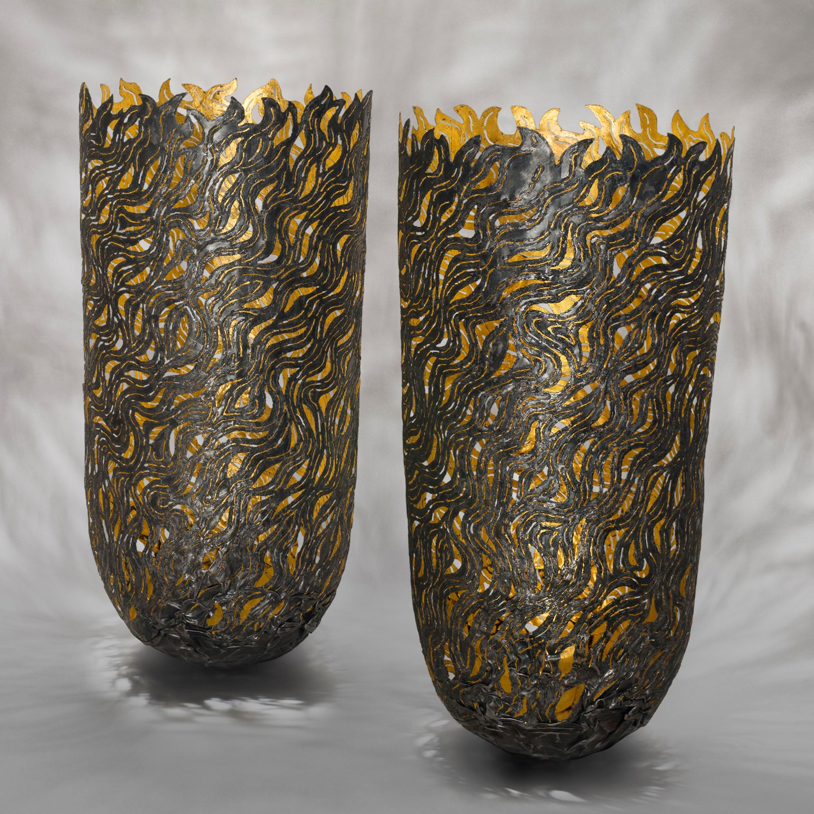 British  Autumn Dance Vessels, organic textured steel & gold vessels by Claire Malet For Sale