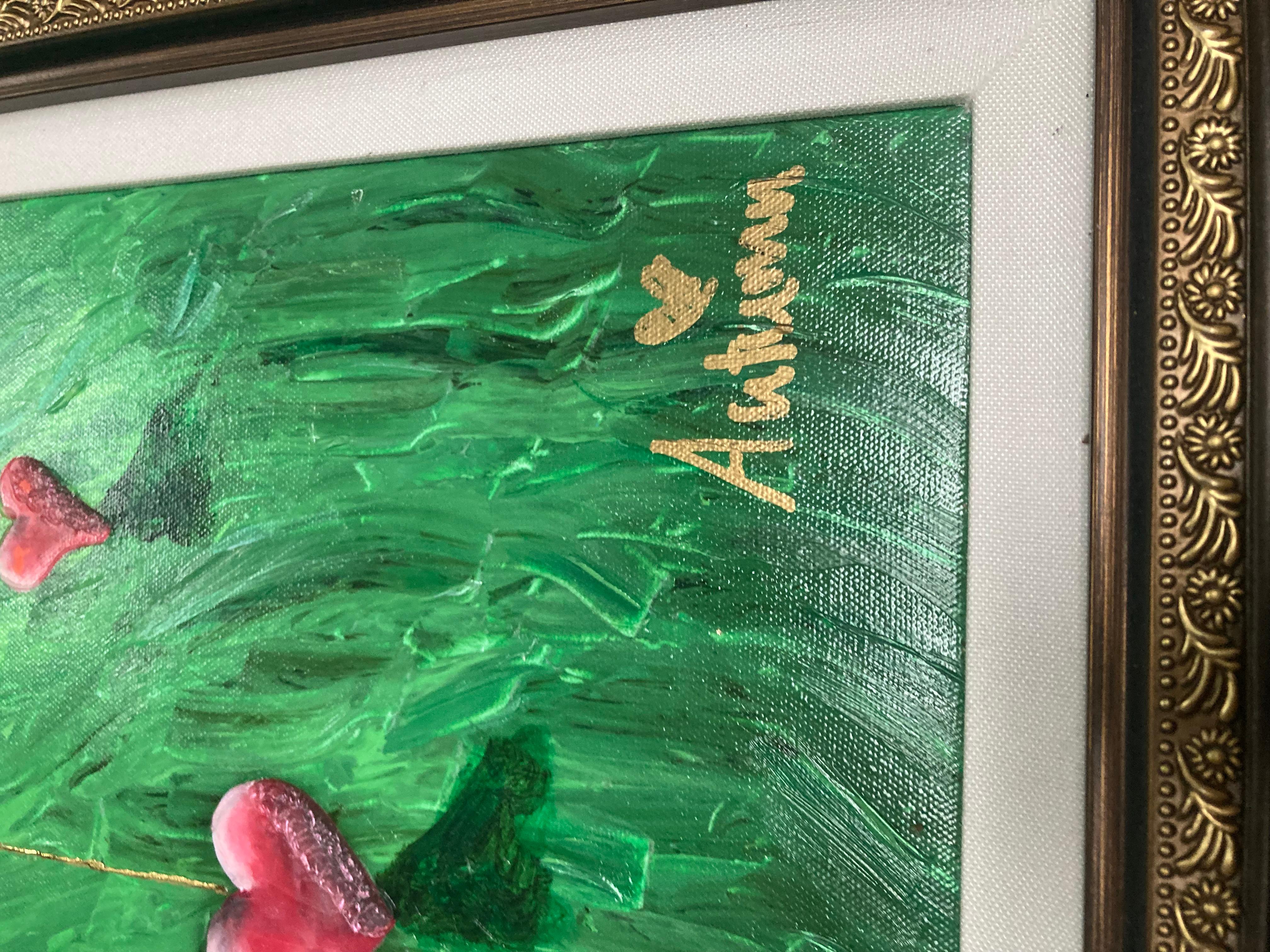Corazones chorreantes por la deforestación otoñal. Decorado a mano sobre lienzo. En buen estado medidas 36x30