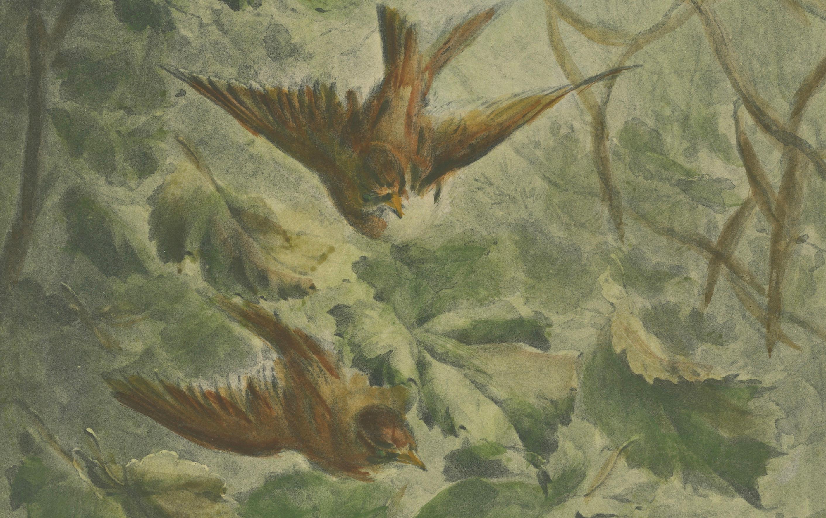 Autumn Flight - Giacomelli’s Sparrows in Falling Leaves, Circa 1891 In Good Condition For Sale In Langweer, NL