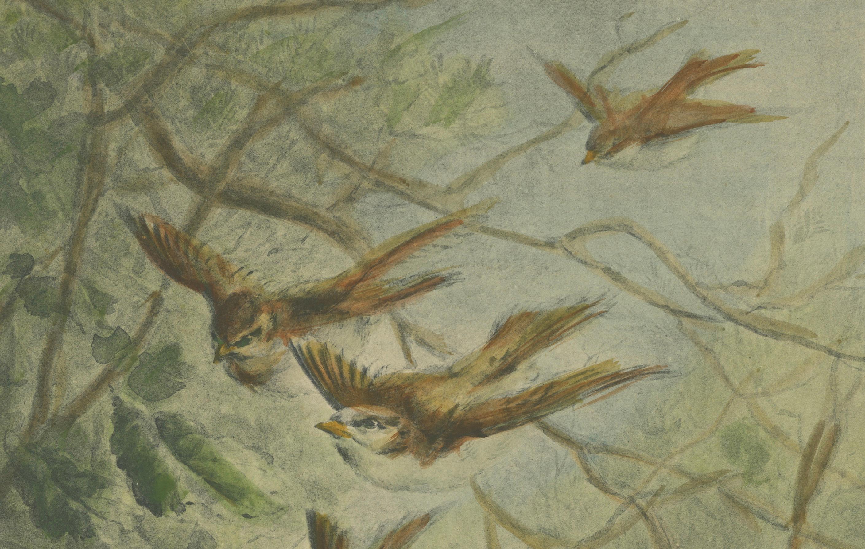Late 19th Century Autumn Flight - Giacomelli’s Sparrows in Falling Leaves, Circa 1891 For Sale
