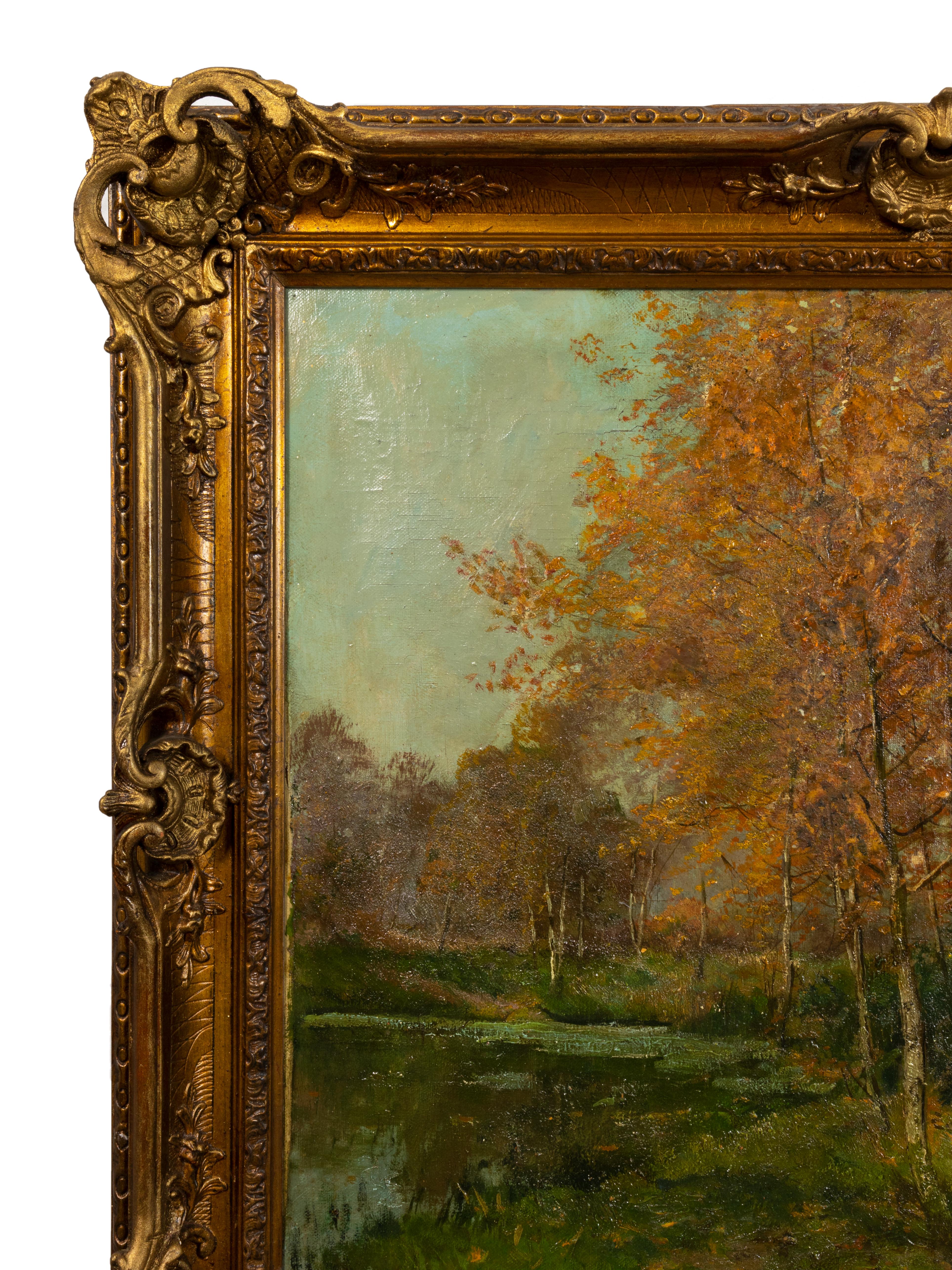 A early 20th Century fox hunting scene in a forest with two riders observing the hunting grounds.  
A painting of a countryside hunting ground in the Autumn. 
Signature imperceptible (lower right).

In the Louis XIV style, the Regency frame retain