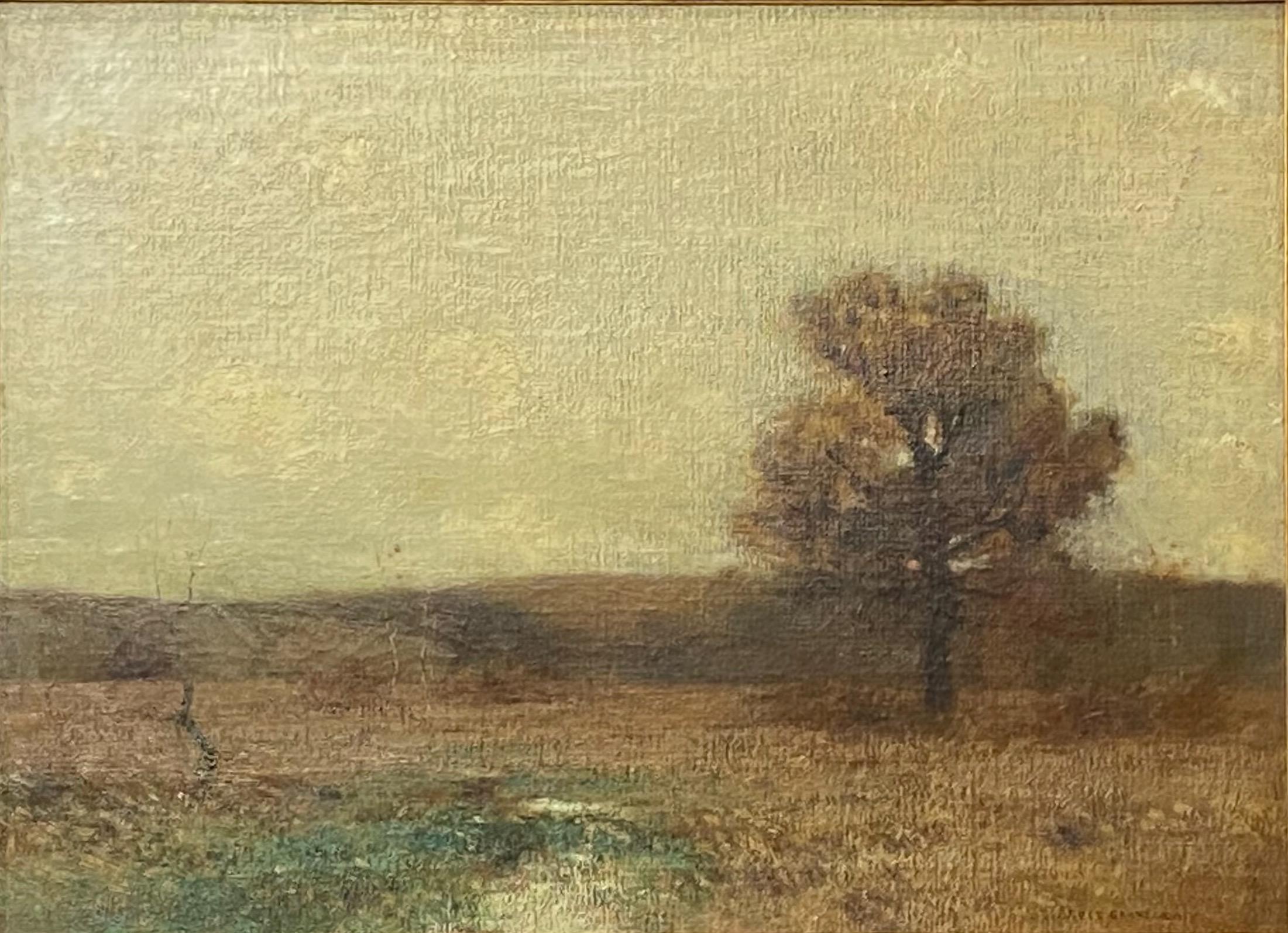 Large tonalist style landscape painting by American artist Bruce Crane in original frame.
Arts and Crafts period.
Signed lower right, original paper label on back reads 'Late Autumn Brandywine Valley, Pennsylvania.
Oil on canvas, early 20th