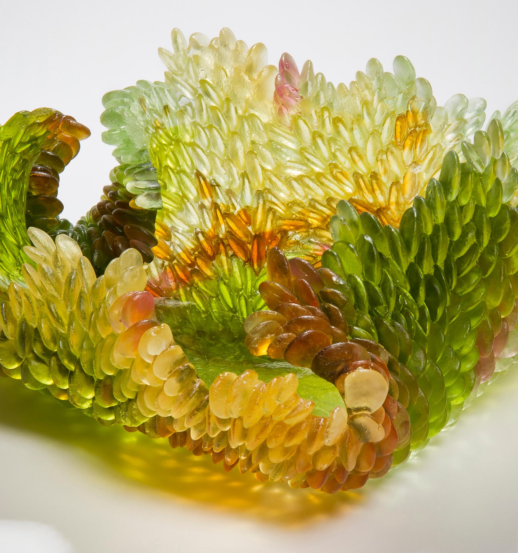 Organic Modern Autumn Leaf, a Glass Sculpture in Amber, Green and Yellow by Nina Casson McGarva